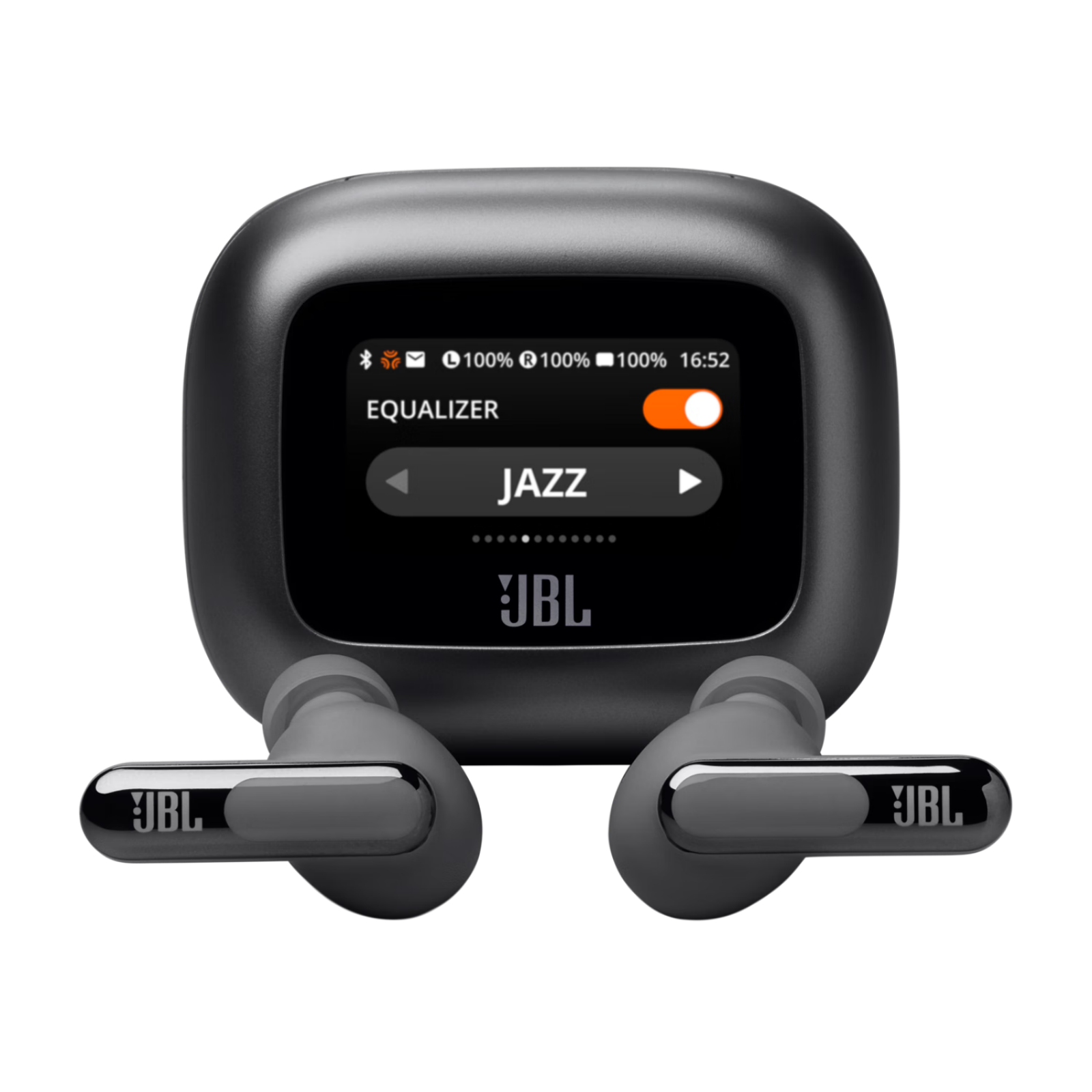 Auricolari JBL in una custodia di ricarica. La custodia ha uno schermo che mostra le impostazioni dell'equalizzatore. Gli auricolari sono grigi con il logo JBL.