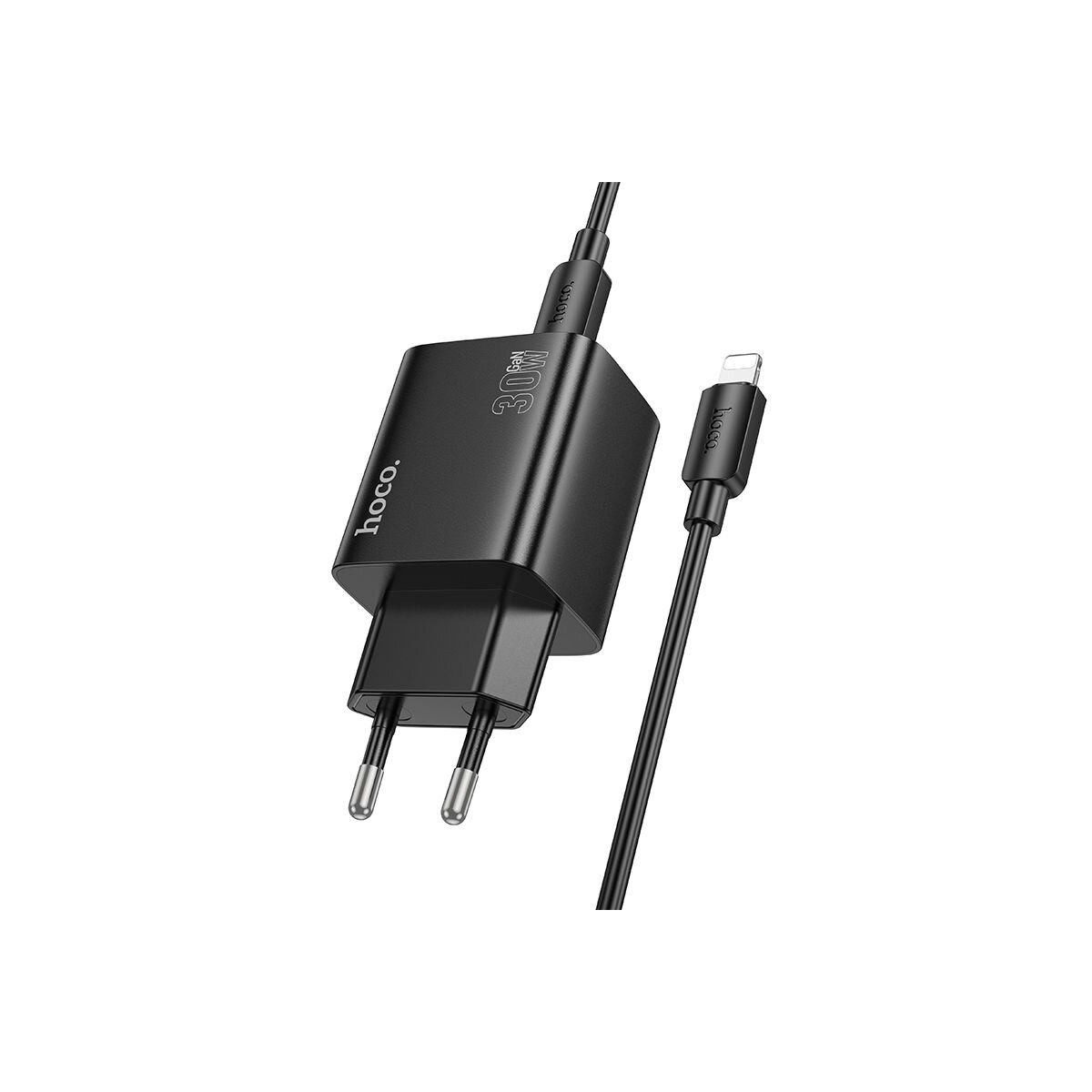Un chargeur Hoco noir de 30W avec un câble Lightning. Le chargeur a deux broches. Le câble et le chargeur sont sur une surface blanche.