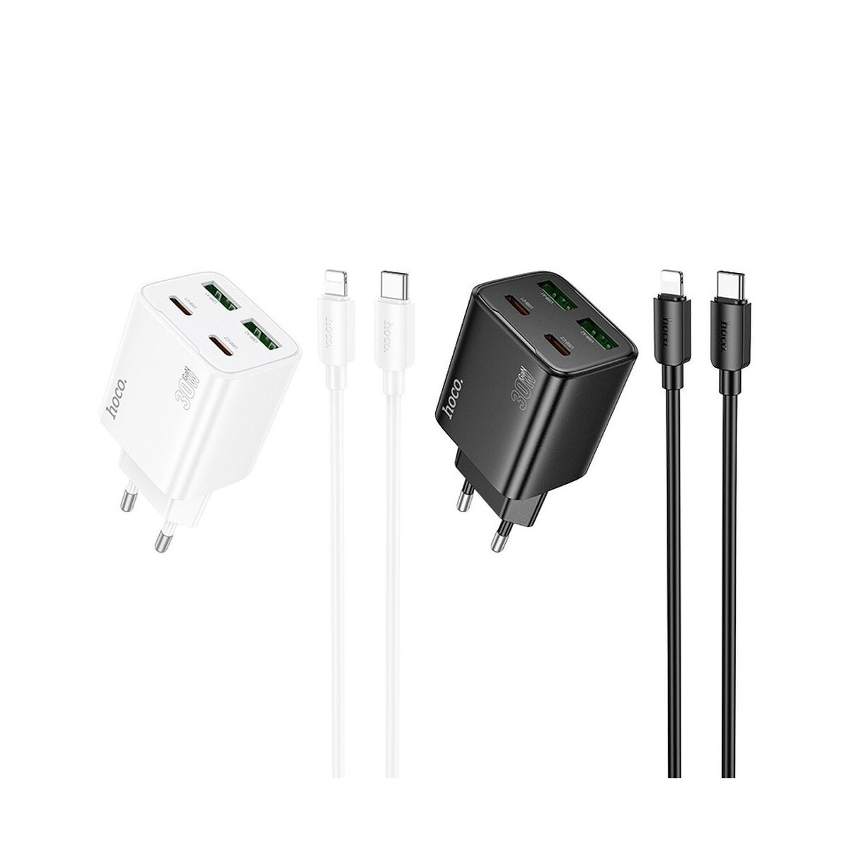 Twee opladers, één witte en één zwarte, met bijpassende kabels. De opladers hebben meerdere USB-poorten en het merk 'hoco'.