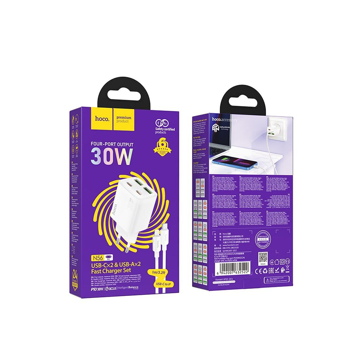 Een paarse doos toont een 30W oplader set. Het toont de oplader, kabels en productdetails.