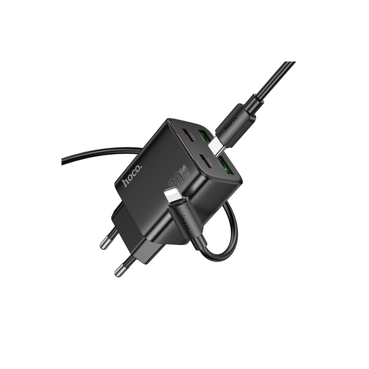Chargeur Hoco noir 30W avec câbles branchés. Comprend une prise de courant et plusieurs ports USB pour charger des appareils.