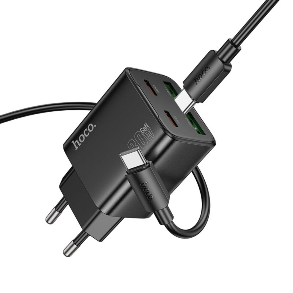 Chargeur Hoco noir avec plusieurs ports USB et une prise. Câbles connectés, un est USB-C. 20W GaN.