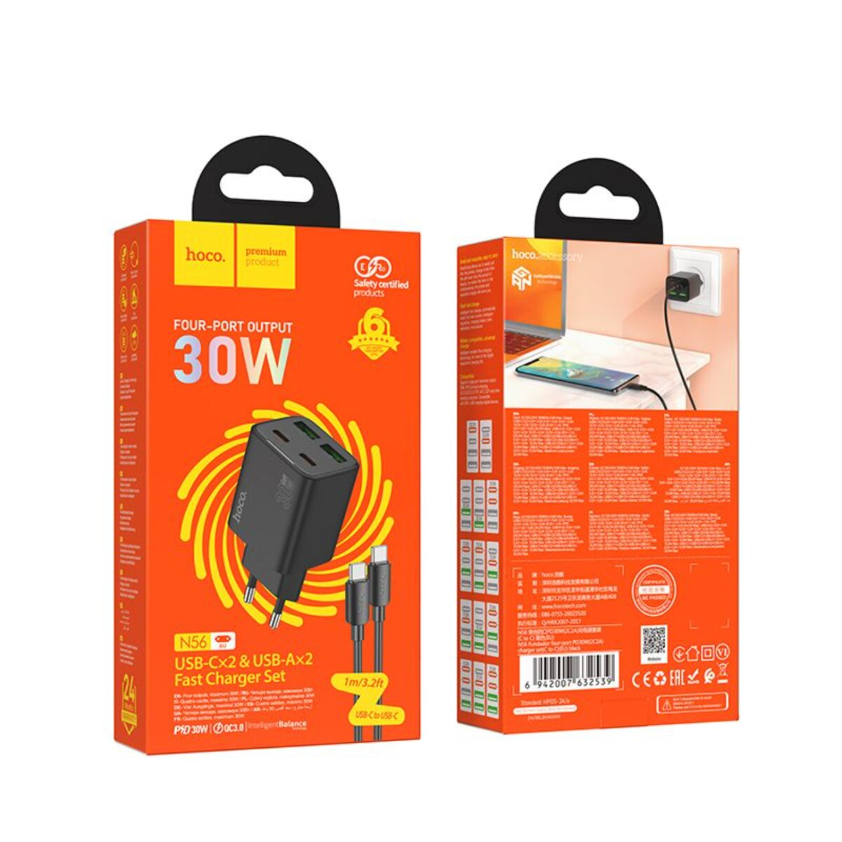 Deux boîtes côte à côte, kit chargeur hoco. L'une montre le chargeur, l'autre un téléphone en charge sur une table.