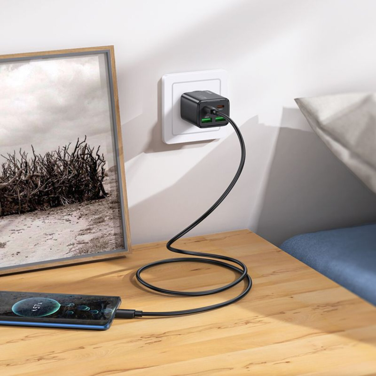 Un téléphone se chargeant sur une table en bois. Un chargeur noir est branché au mur et connect é au téléphone.
