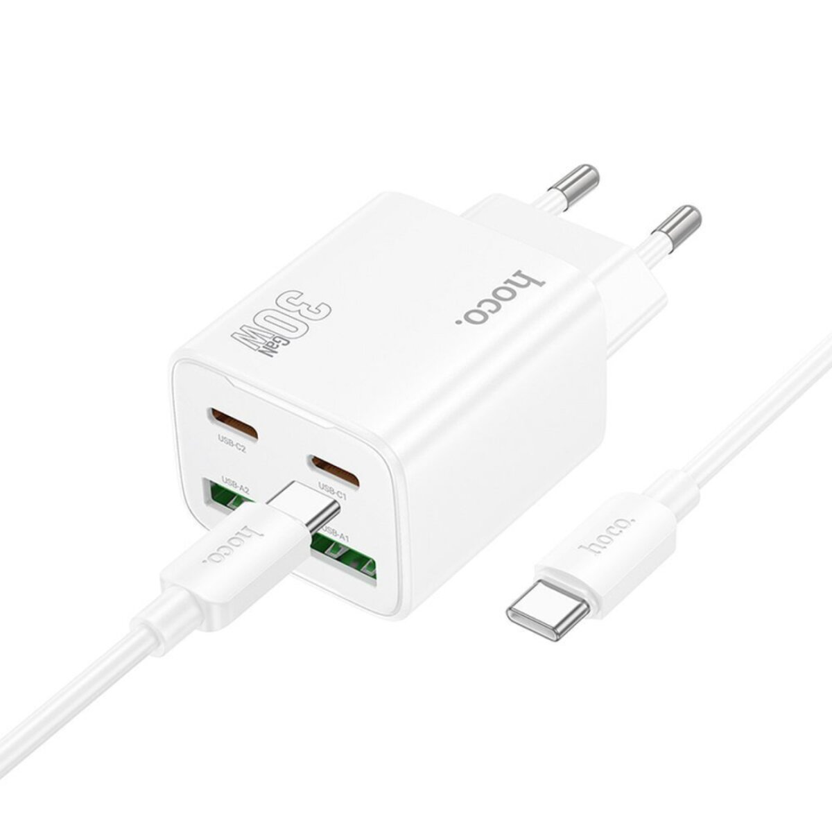 Een witte Hoco 30W-oplader met USB-C- en USB-A-poorten. Een witte kabel met een USB-C-connector is aangesloten. De achtergrond is wit.
