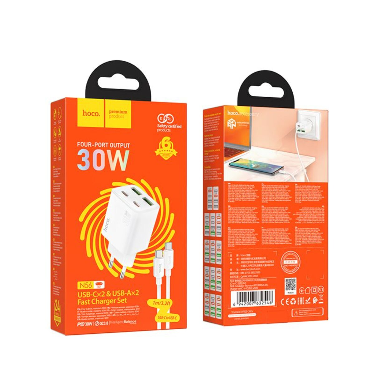 Twee oranje dozen met een witte oplader en kabels. Tekst bevat '30W', 'hoco' en 'USB-C'.