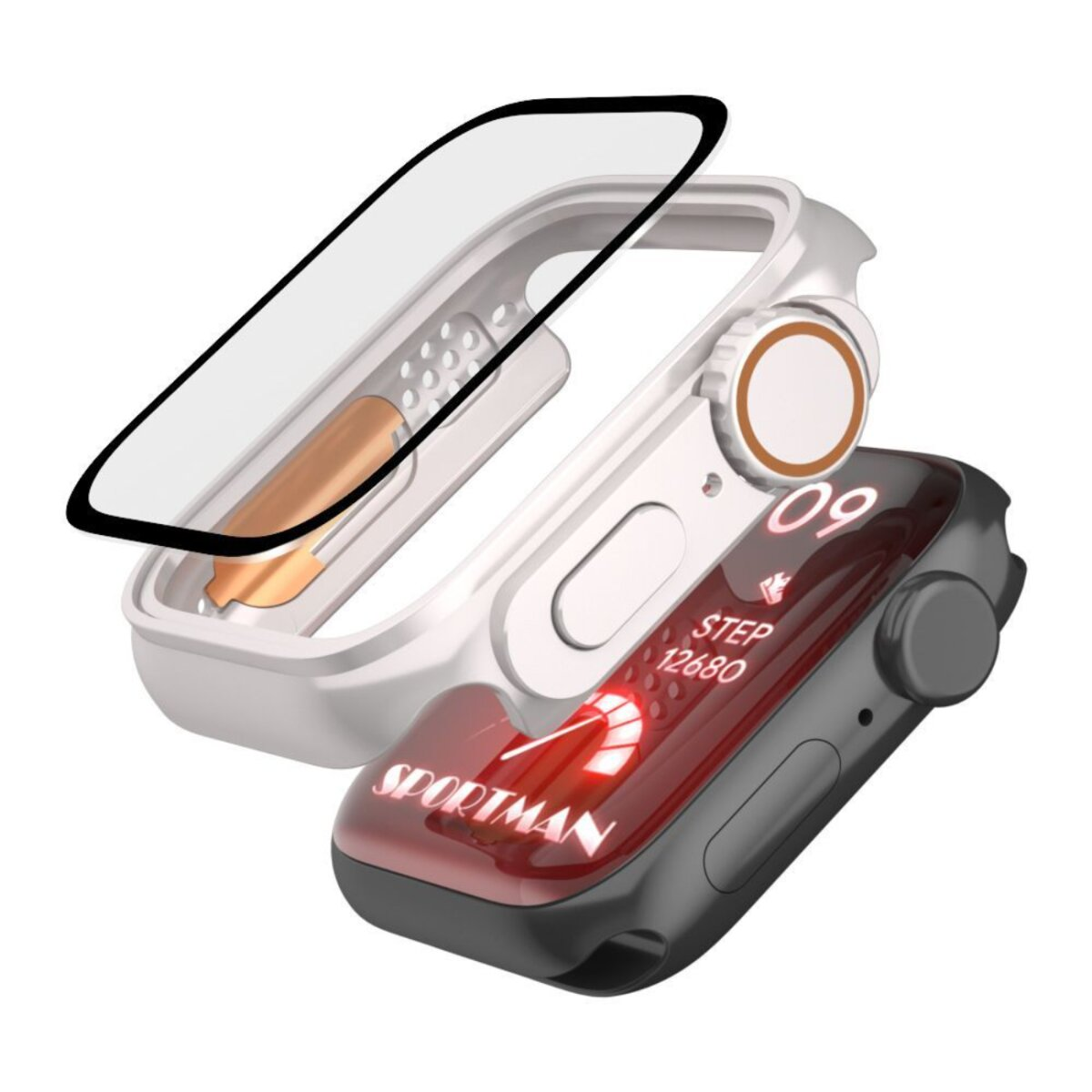 Smartwatch avec protection d'écran. La montre est noire avec écran rouge. La protection est transparente, cadre blanc. Design montre compteur de pas.