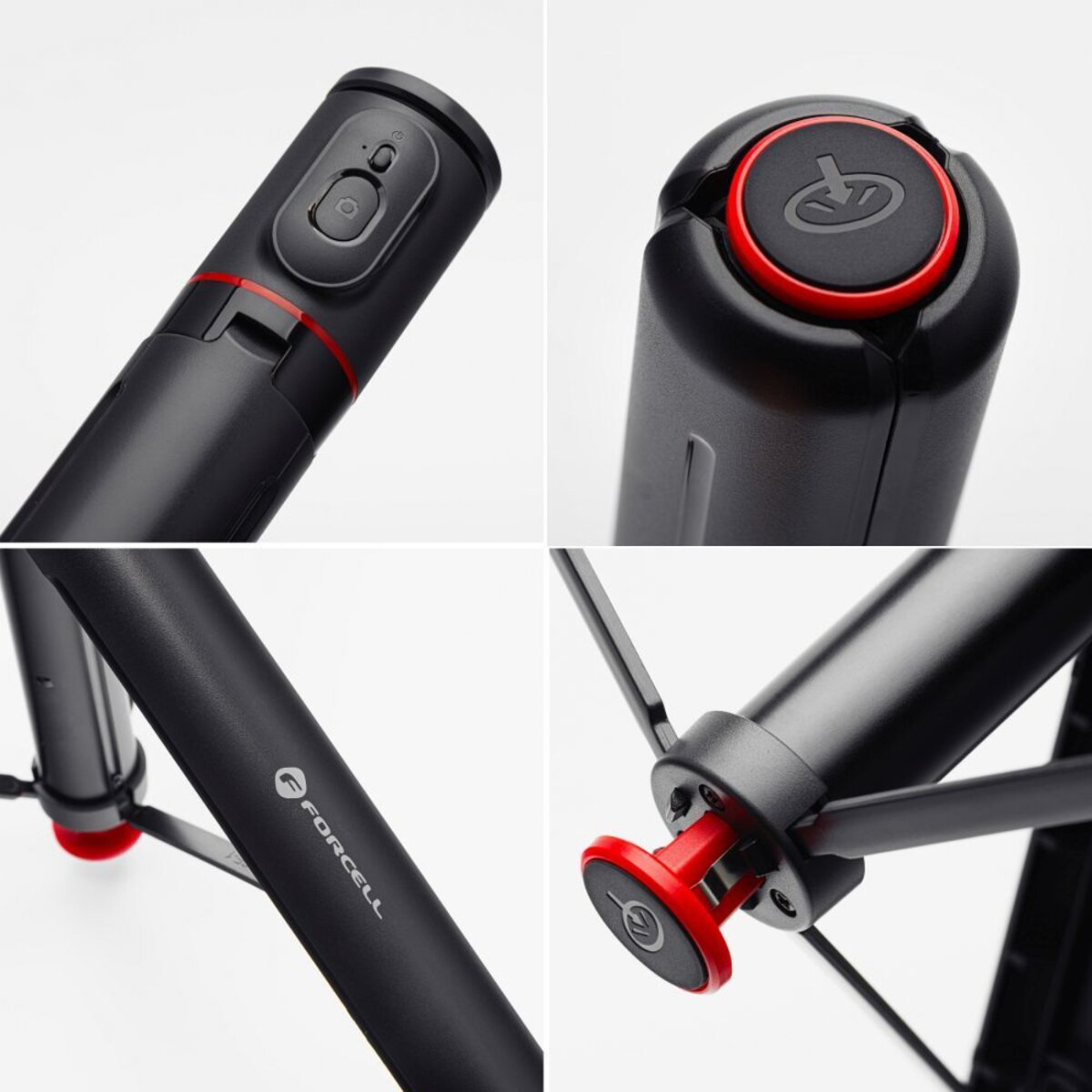 Quatre gros plans d'un trépied noir. Les détails incluent un bouton rouge, le logo Forcell et les pieds du trépied.