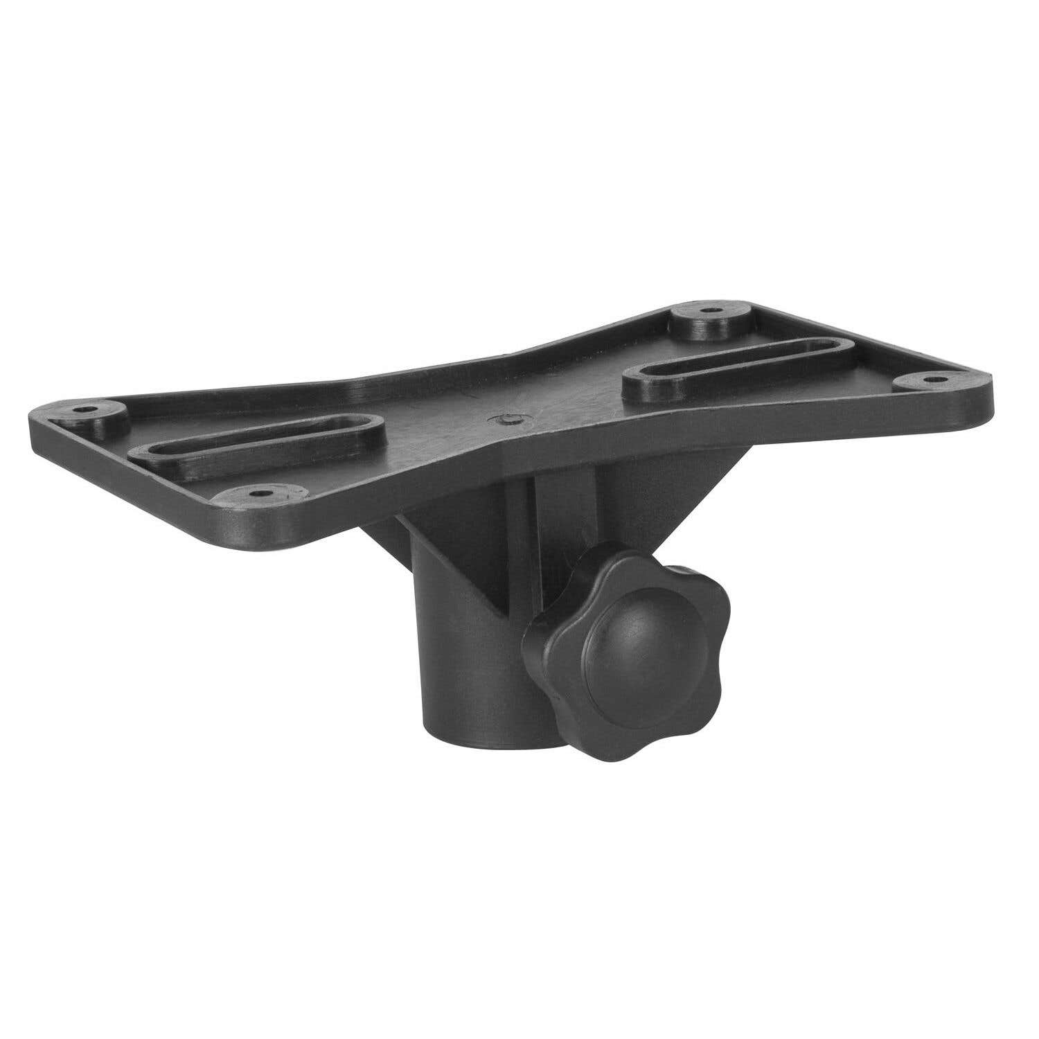 Soporte plástico negro con perilla en forma de estrella y agujeros ovalados. Está diseñado para sujetar algo. La forma es angular.