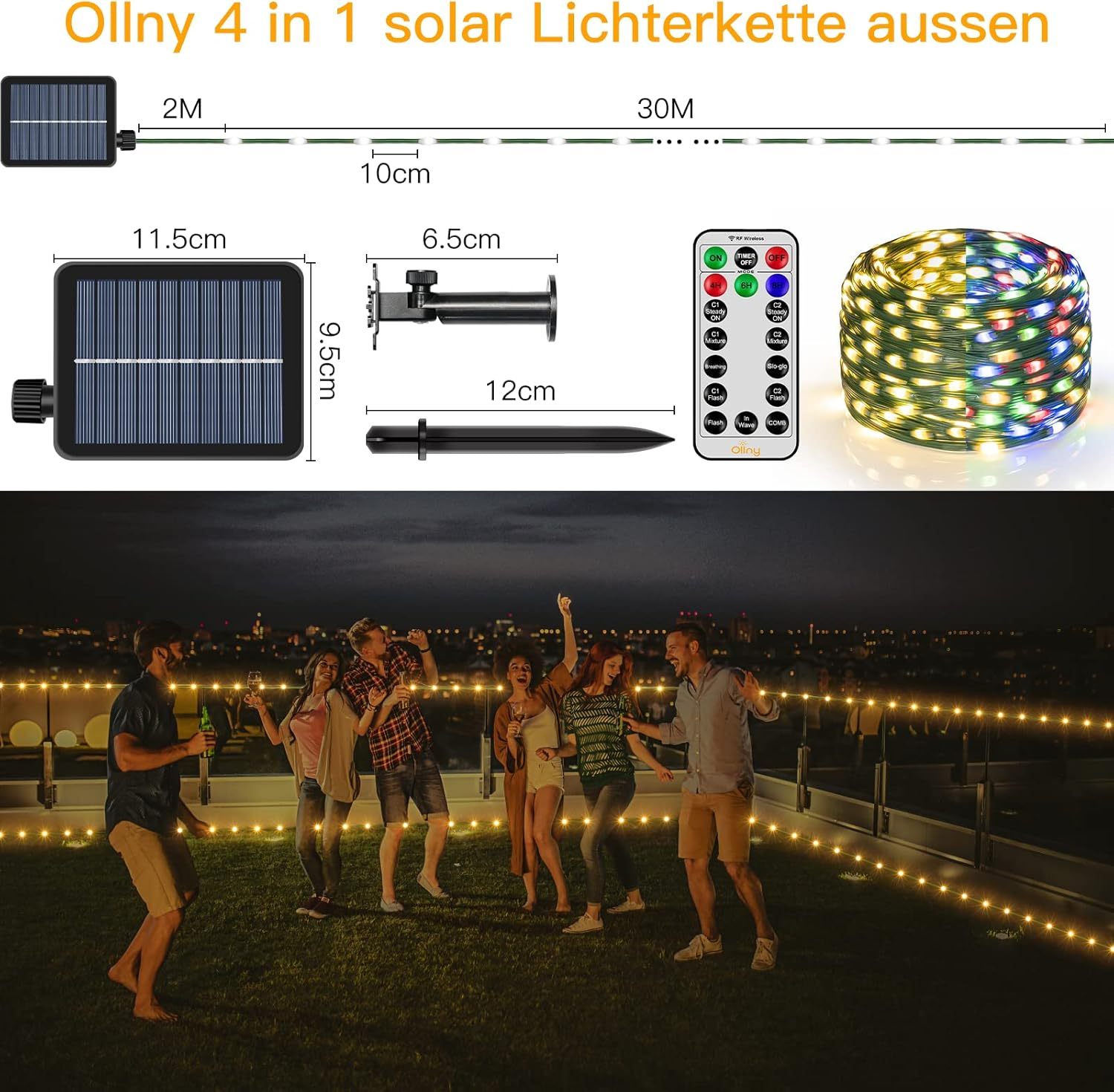 Das Bild zeigt Solarlichter mit Abmessungen, Fernbedienung und tanzenden Menschen auf einem Dach bei Nacht mit Stadtlichtern im Hintergrund.