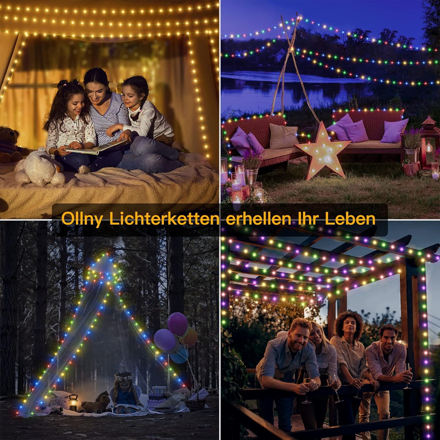 Vier Szenen mit Lichterketten. Familie liest im Zelt, Sitzgelegenheit im Freien mit Stern, Kind im Wald, Freunde auf dem Balkon.