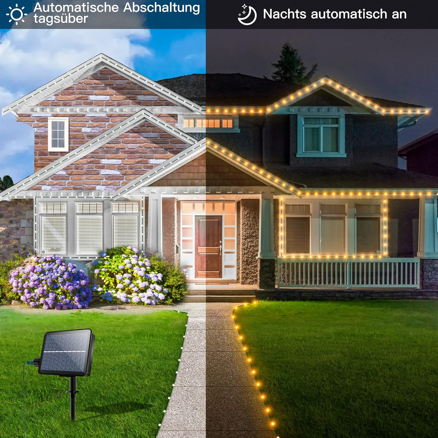 Ein Haus mit Lichtern bei Nacht. Der Vordergrund hat ein Solarpanel. Der Hintergrund hat Blumen und Gras.