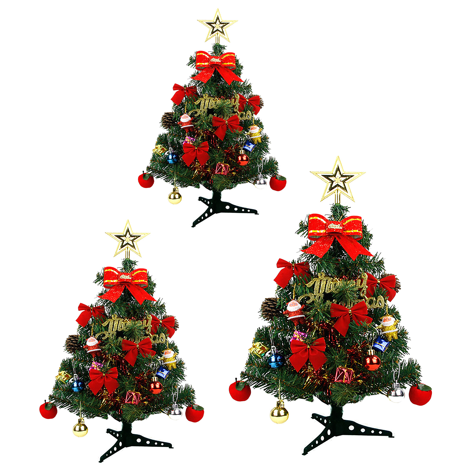 Drei dekorierte Miniatur-Weihnachtsbäume mit roten Schleifen, Ornamenten und goldenen Sternaufsätzen auf weißem Hintergrund.