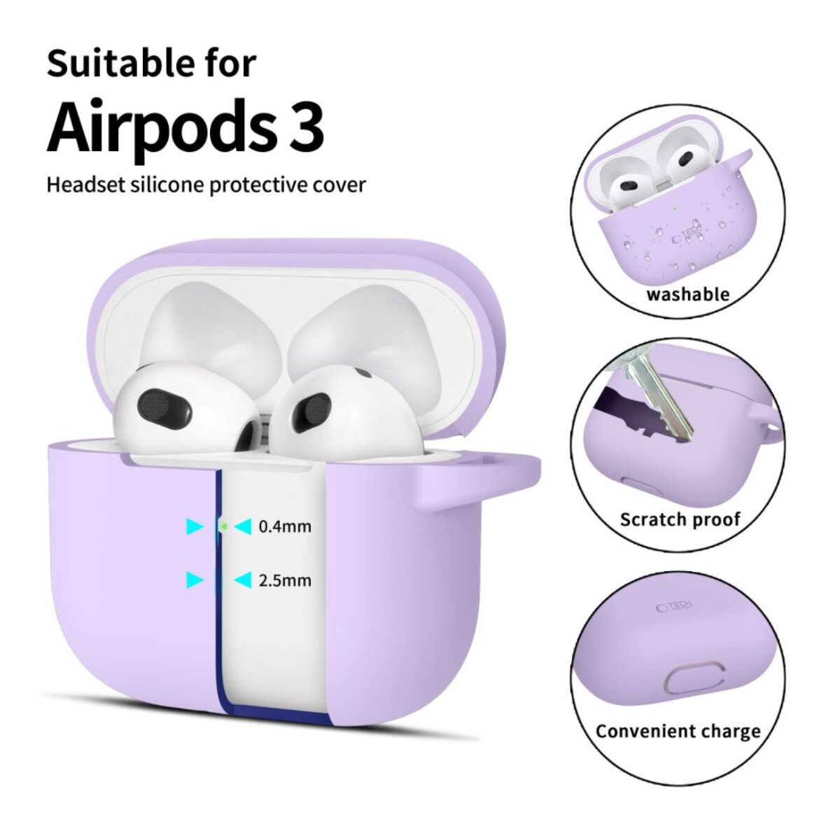 Image shows purple AirPods 3 case with open lid. Features include washable, scratch-proof, and convenient charging.