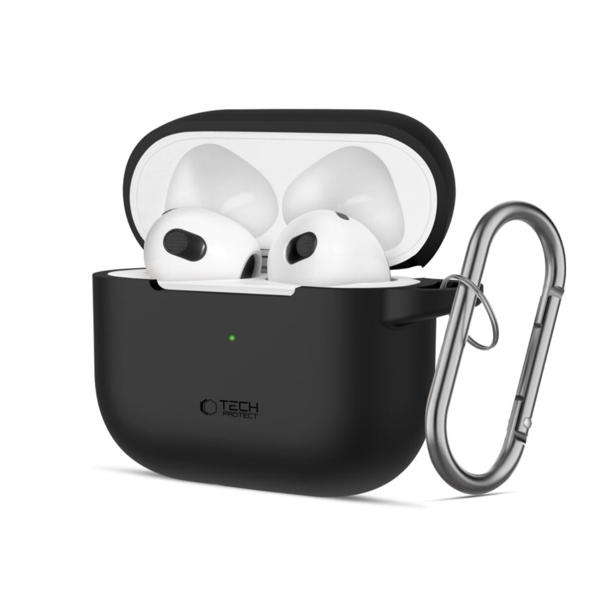 Custodia AirPods nera con auricolari bianchi all'interno. Un moschettone argentato è a destra. La custodia è aperta.