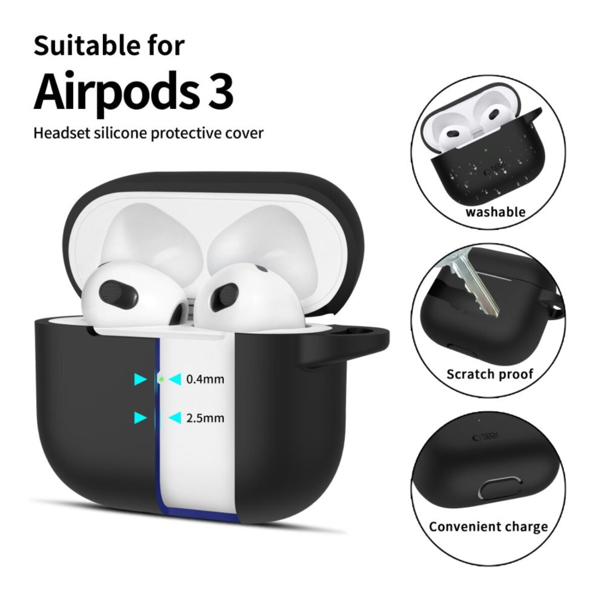 L'immagine mostra una custodia nera per AirPods 3 con auricolari bianchi aperti, etichettata 'lavabile', 'antigraffio' e 'ricarica conveniente'.