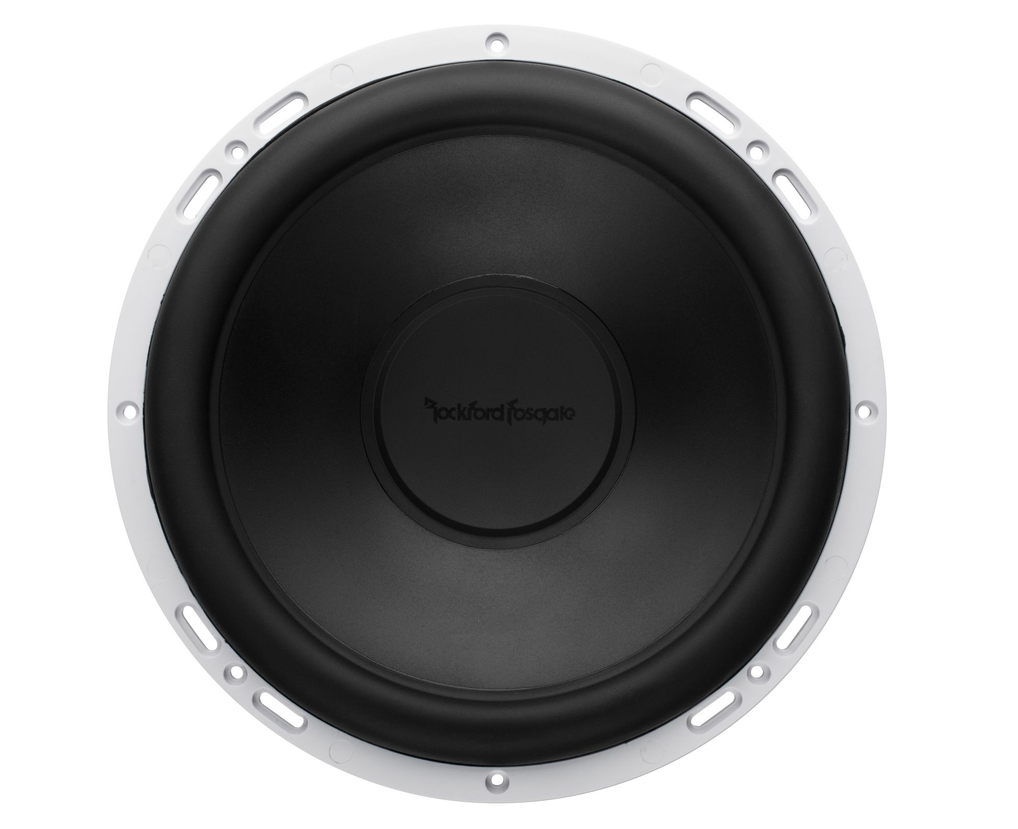 Ein schwarzer Lautsprecherkonus mit weißem Rand. Der Markenname Rockford Fosgate ist auf dem Konus eingeprägt.