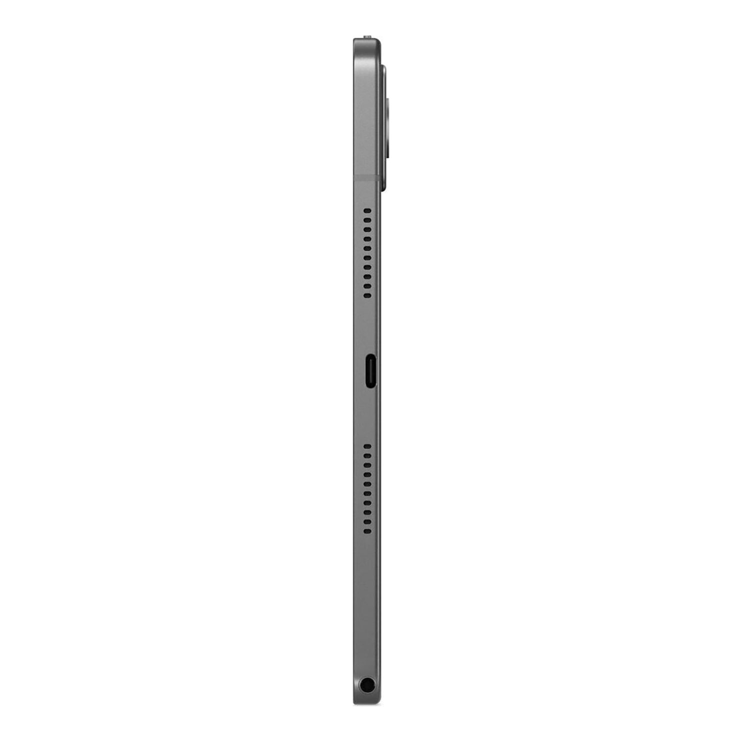 Un tablet grigio, vista laterale, che mostra porte, pulsanti e altoparlanti. Il telaio è metallico. Lo sfondo è bianco.