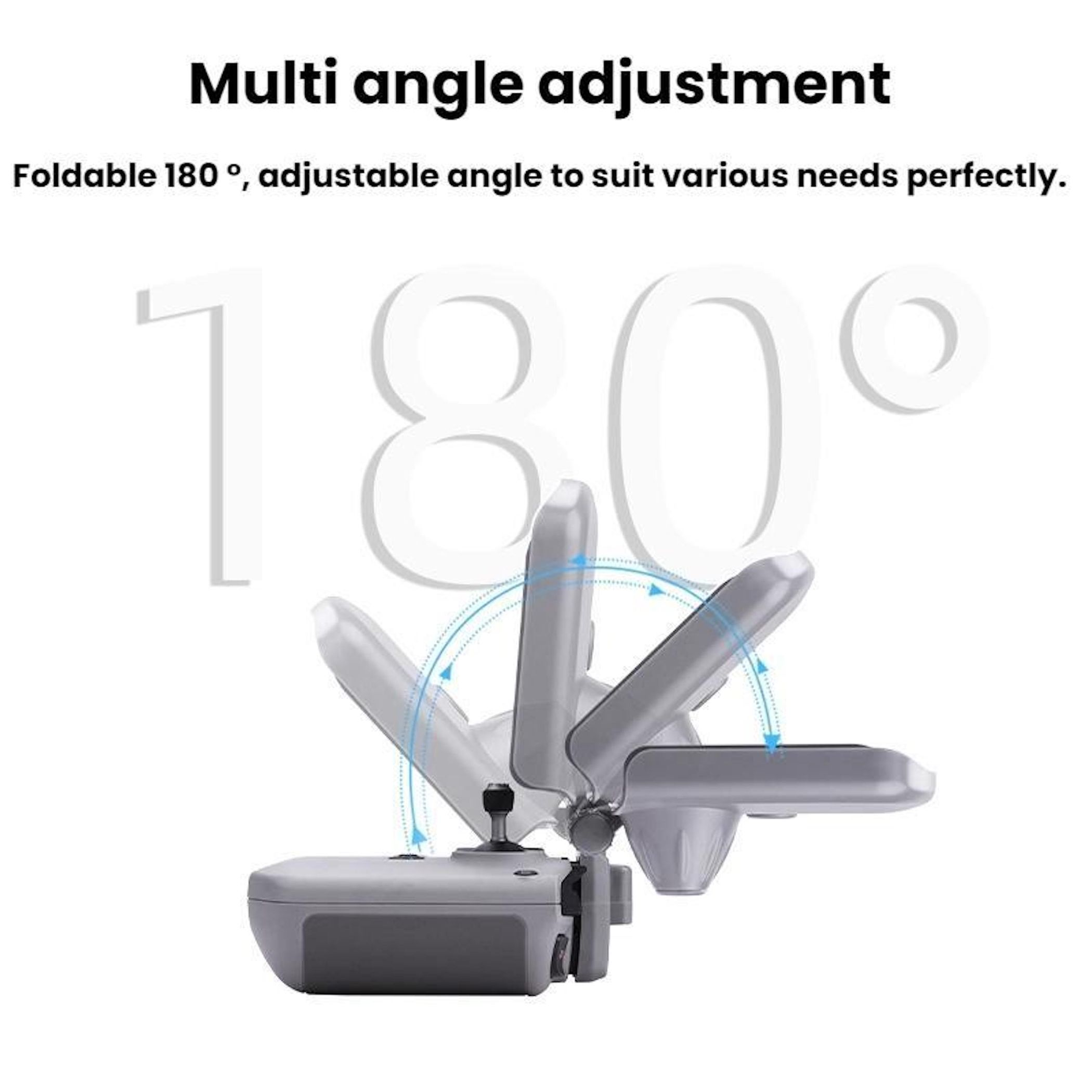 L'immagine mostra un dispositivo con angoli regolabili. Il testo dice 'Multi angle adjustment' e 'Foldable 180°'.