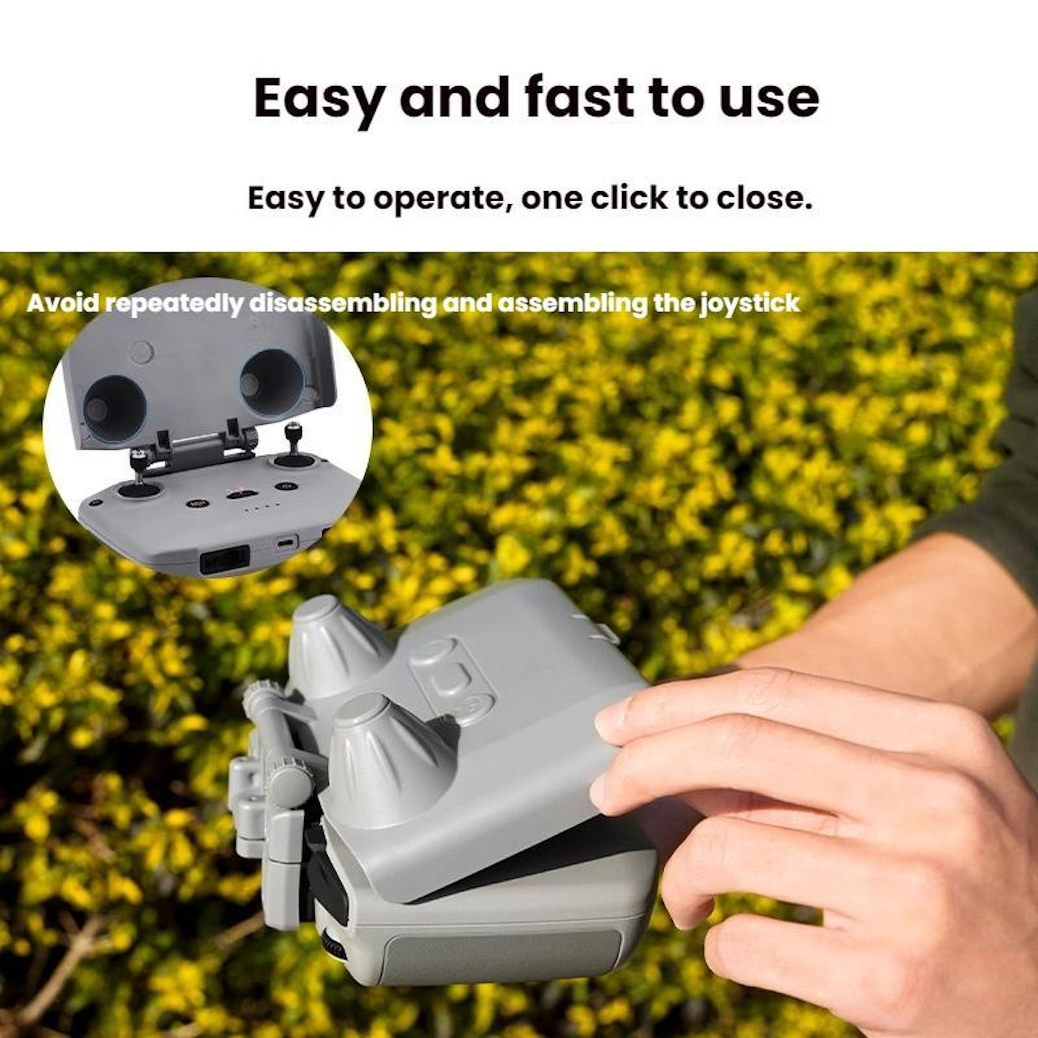 Una persona tiene in mano un controller per droni grigio. Il testo dice facile da usare. Lo sfondo è un fogliame giallo-verde.