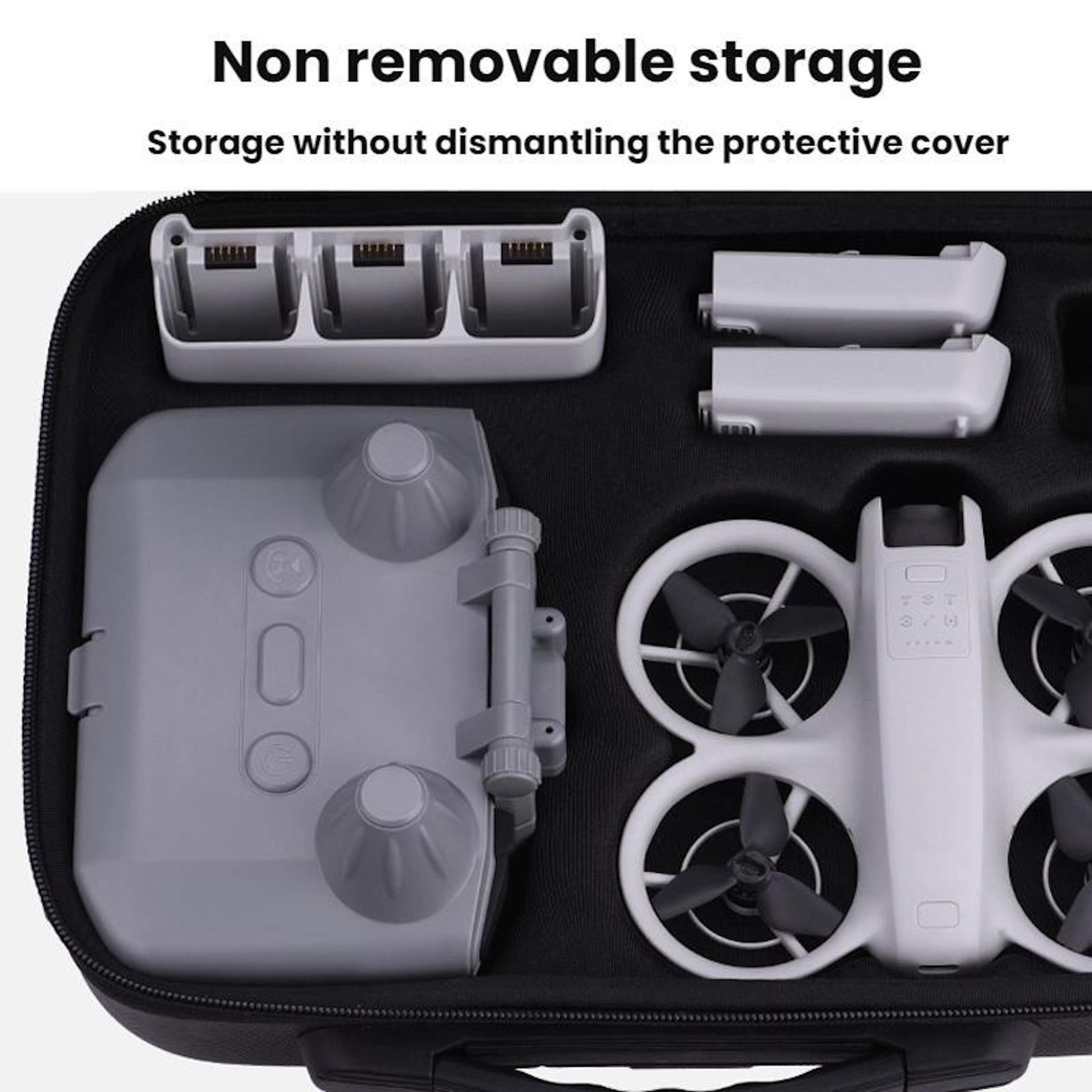 Una custodia per droni con scomparti. Contiene un drone, un telecomando, un caricabatterie e batterie. Il drone è bianco con eliche nere.