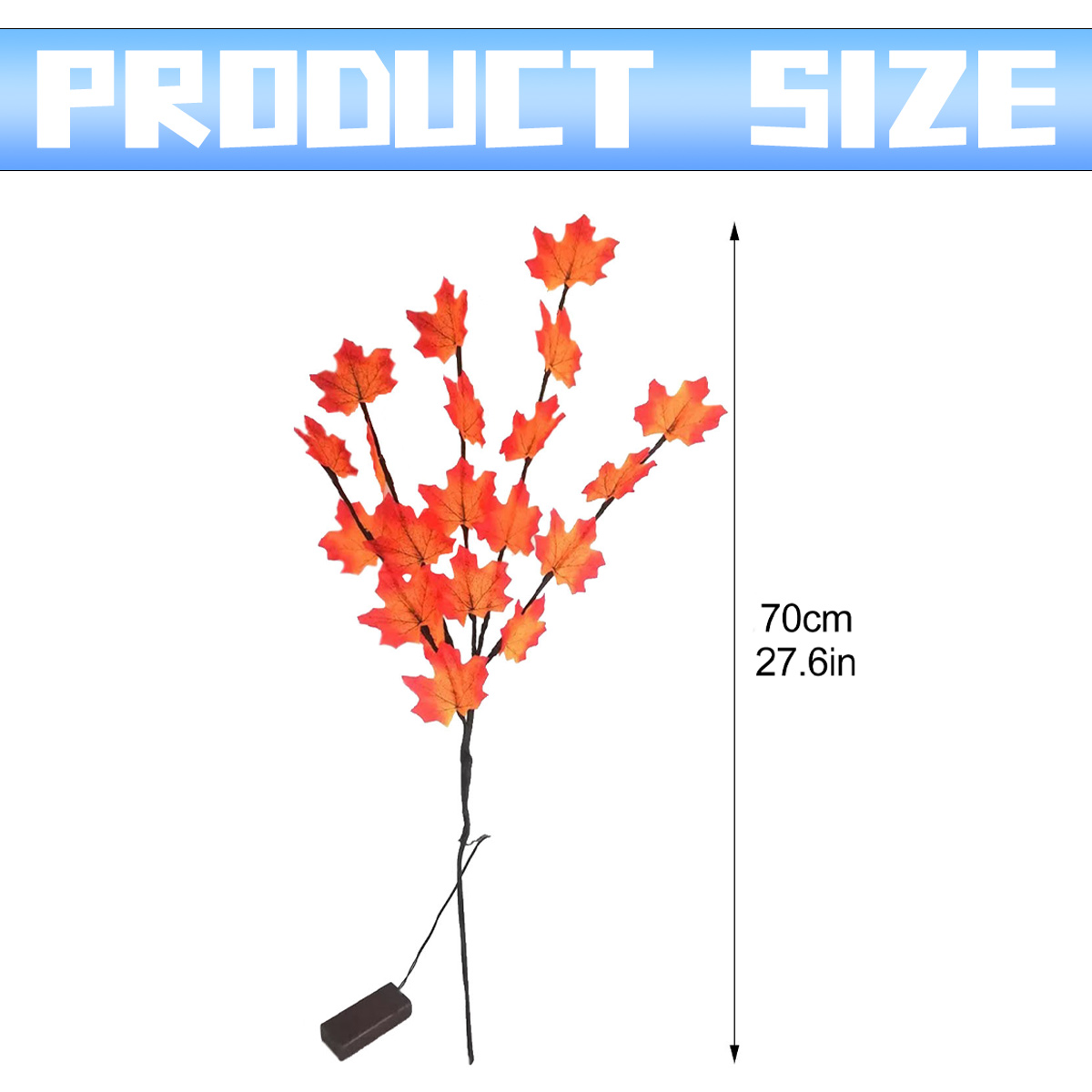 Ein künstlicher Ahornzweig mit orangefarbenen Blättern vor weißem Hintergrund. Größenangaben: 70 cm und 27,6 Zoll.