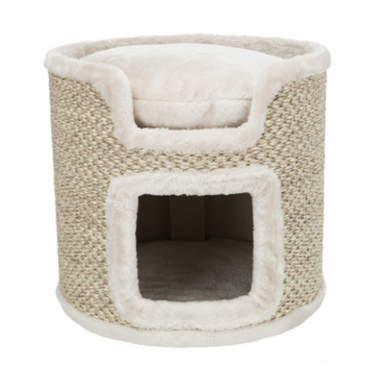 Un letto per gatti beige. Ha due livelli, un cuscino superiore e un ingresso inferiore. I bordi sono bordati con morbida pelliccia chiara.
