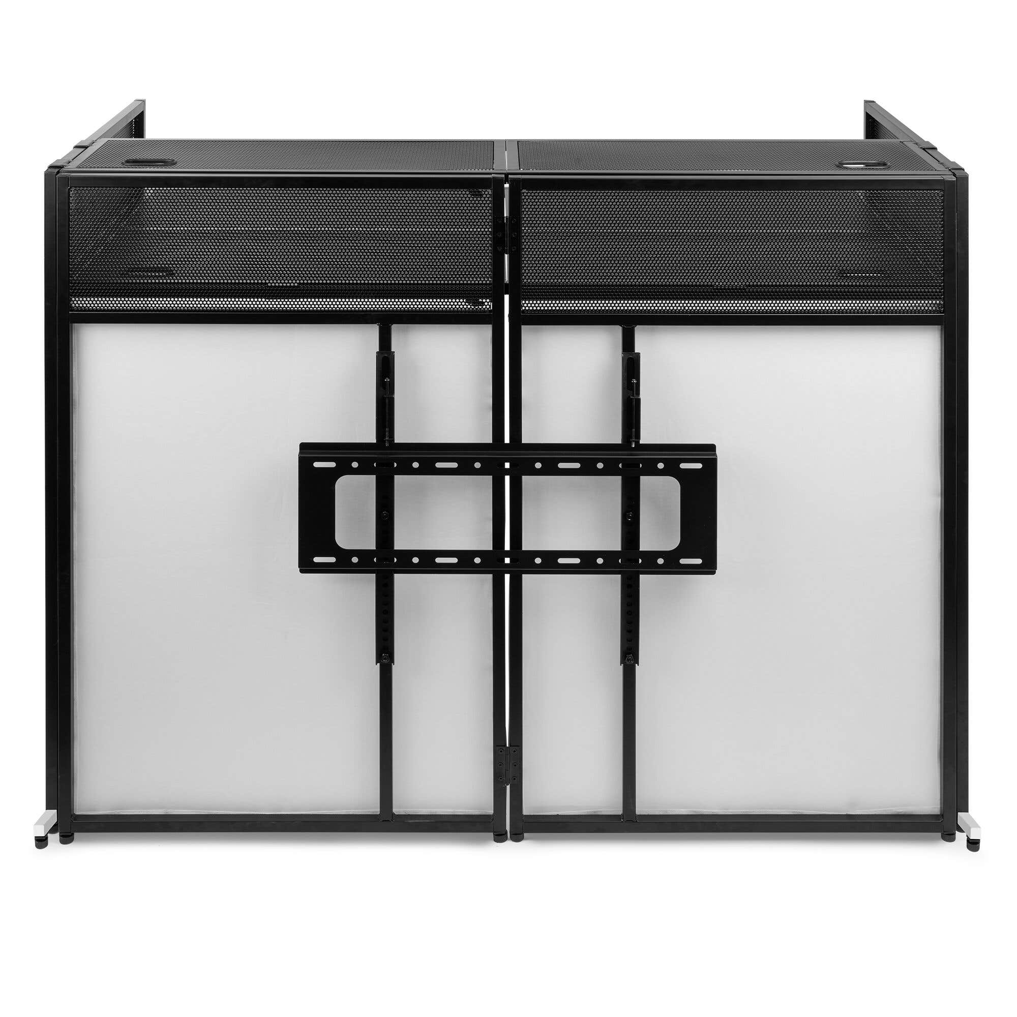 Soporte de metal negro con paneles perforados. Una pantalla blanca en el medio. Un soporte está montado.