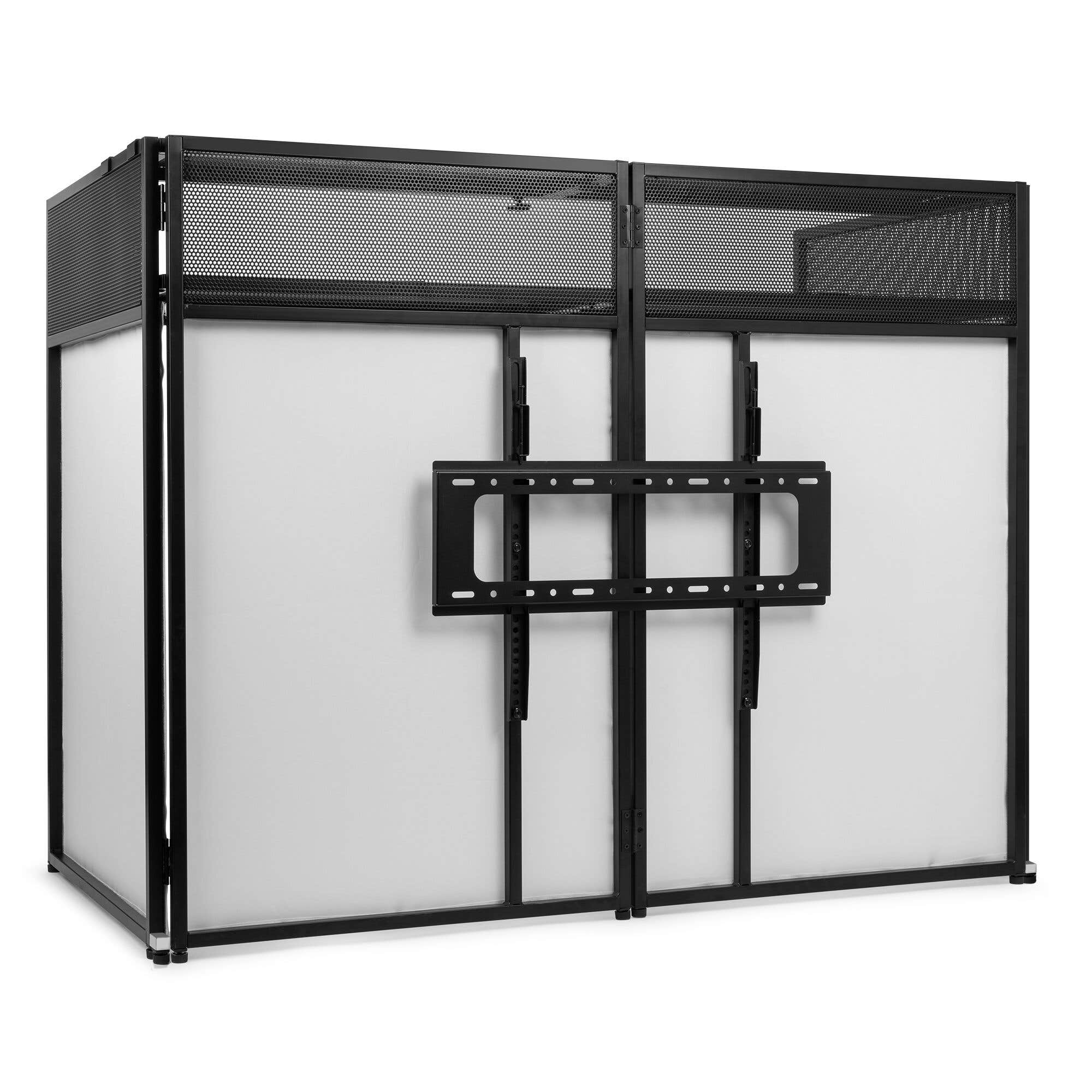 Estructura metálica negra con paneles de malla, interior blanco y soporte para TV.