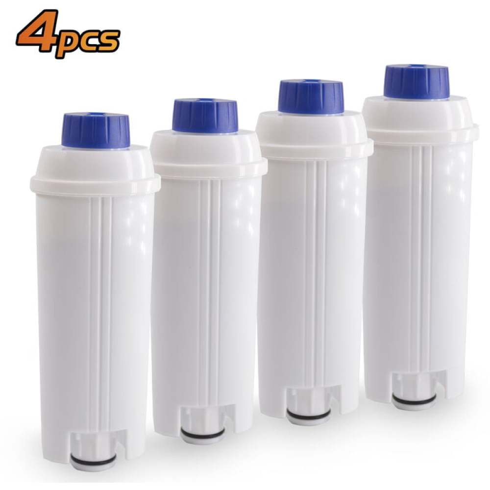 Vier weiße Wasserfilter mit blauen Kappen. Der Text '4pcs' steht oben links.