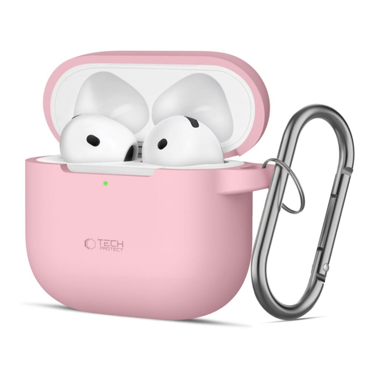Étui rose pour AirPods avec écouteurs blancs à l'intérieur et un mousqueton argenté. L'étui est ouvert.