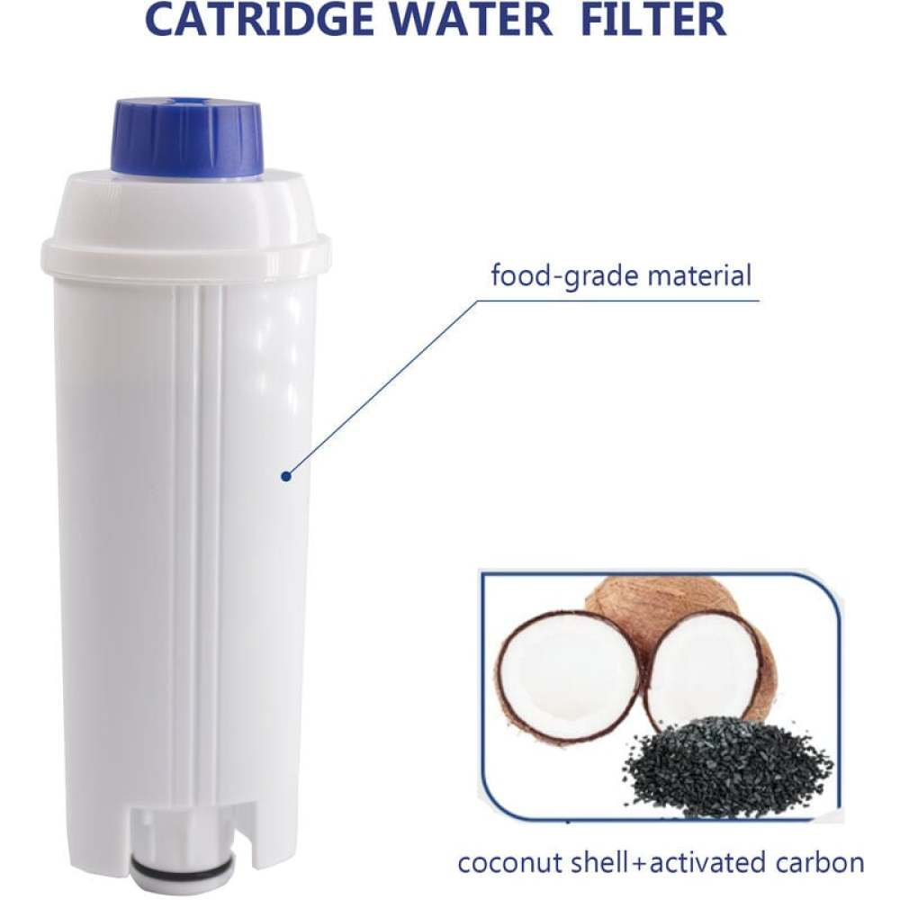 Ein weißer Wasserfilter mit blauem Deckel. Zeigt Kokosnussschale und Aktivkohle zur Filterung. Text lautet 'Material in Lebensmittelqualität'.