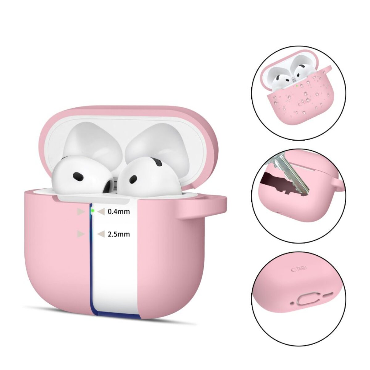 Étui rose pour écouteurs avec écouteurs à l'intérieur. Petits schémas montrent détails: insertion de clé, haut ouvert et bas avec port de charge.