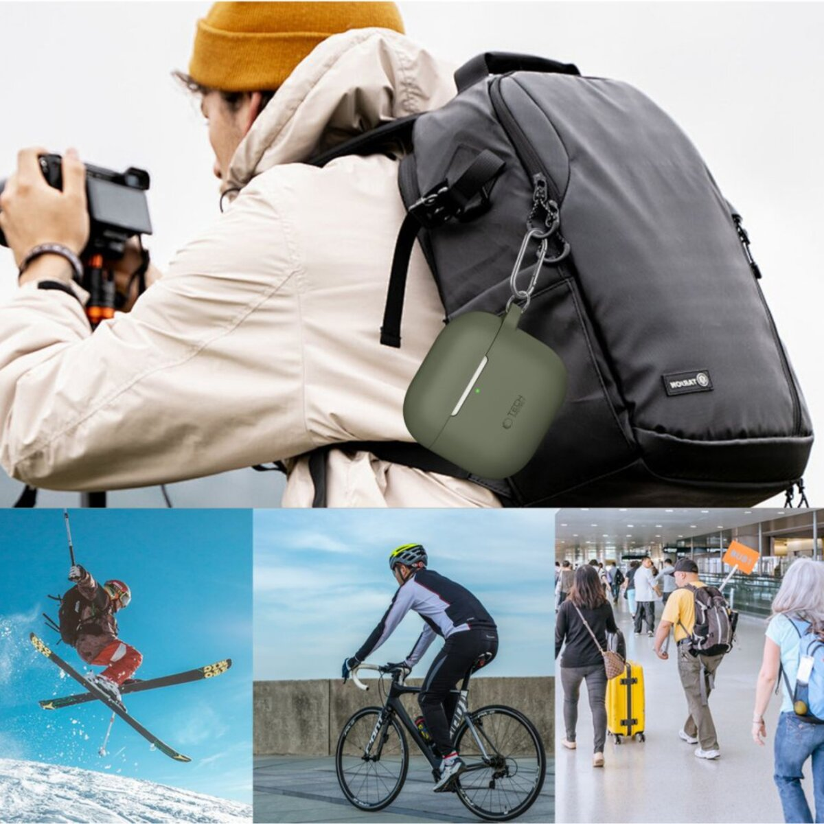 Une personne avec un sac à dos et un étui vert suspendu. En dessous, un skieur, un cycliste et des gens marchant avec des bagages.