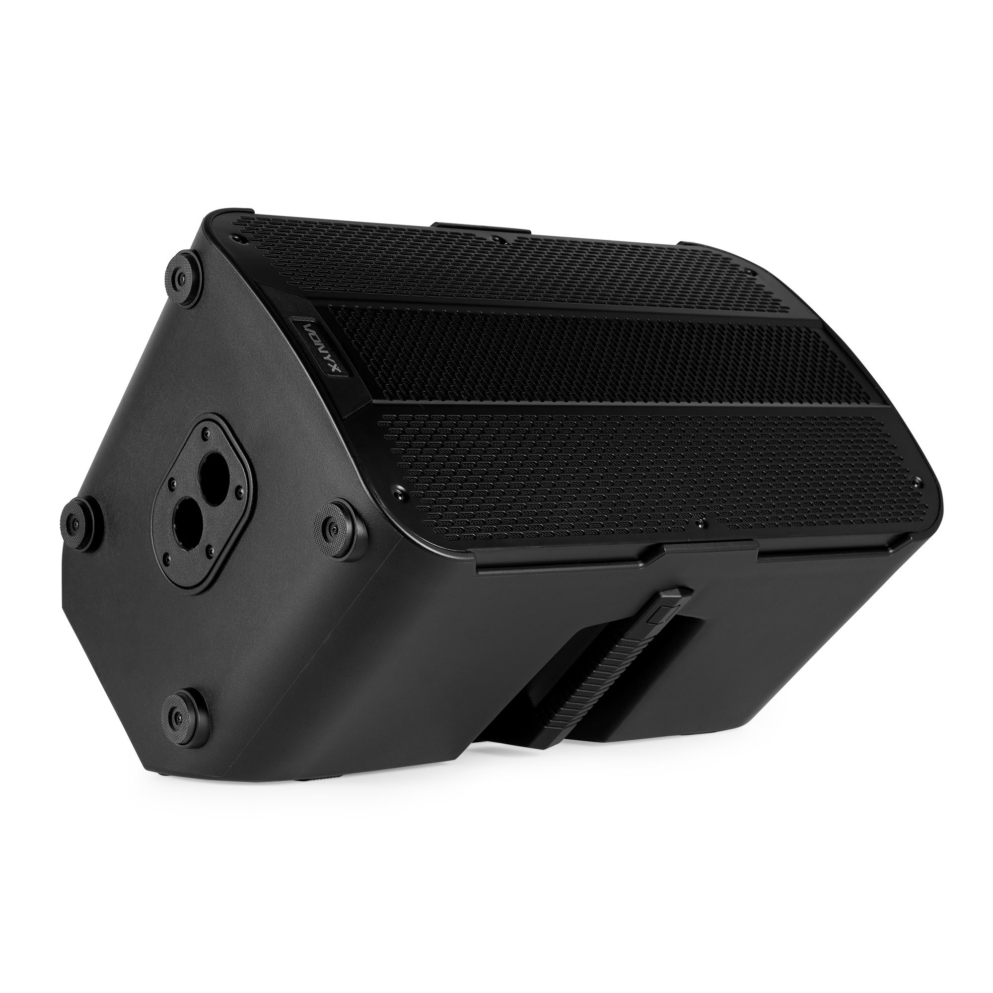 Altavoz negro sobre fondo blanco. Tiene una rejilla frontal, puertos laterales y patas de goma.