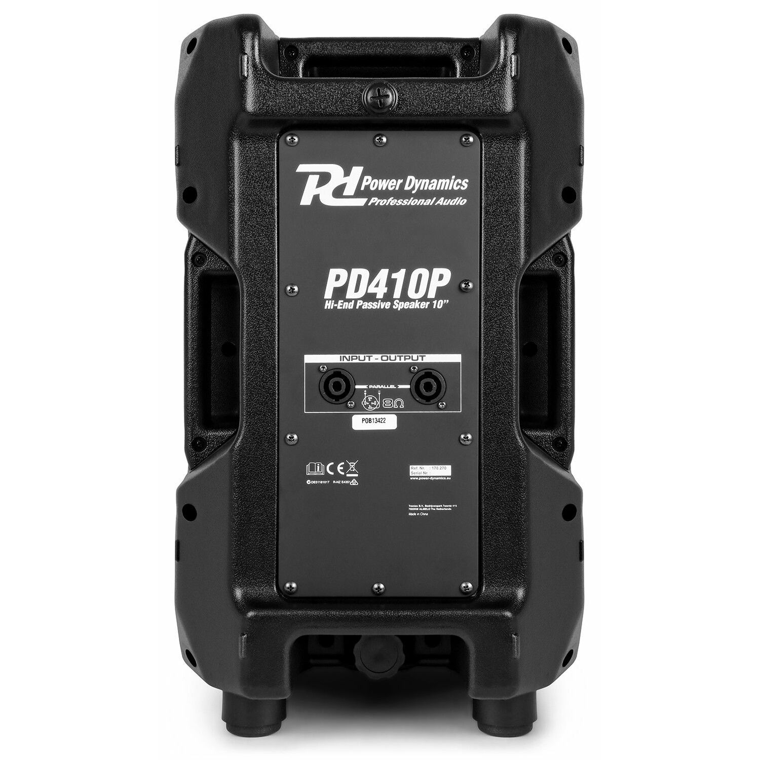 Altavoz negro con el logo Power Dynamics y texto 'PD410P'. Tiene puertos de entrada/salida y otras etiquetas.