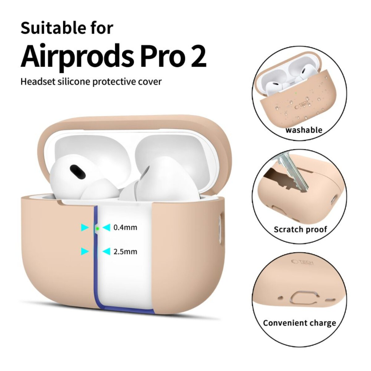 Image shows Airpods Pro 2 case. It's beige with white Airpods. Features include washable, scratch proof, and convenient charging.