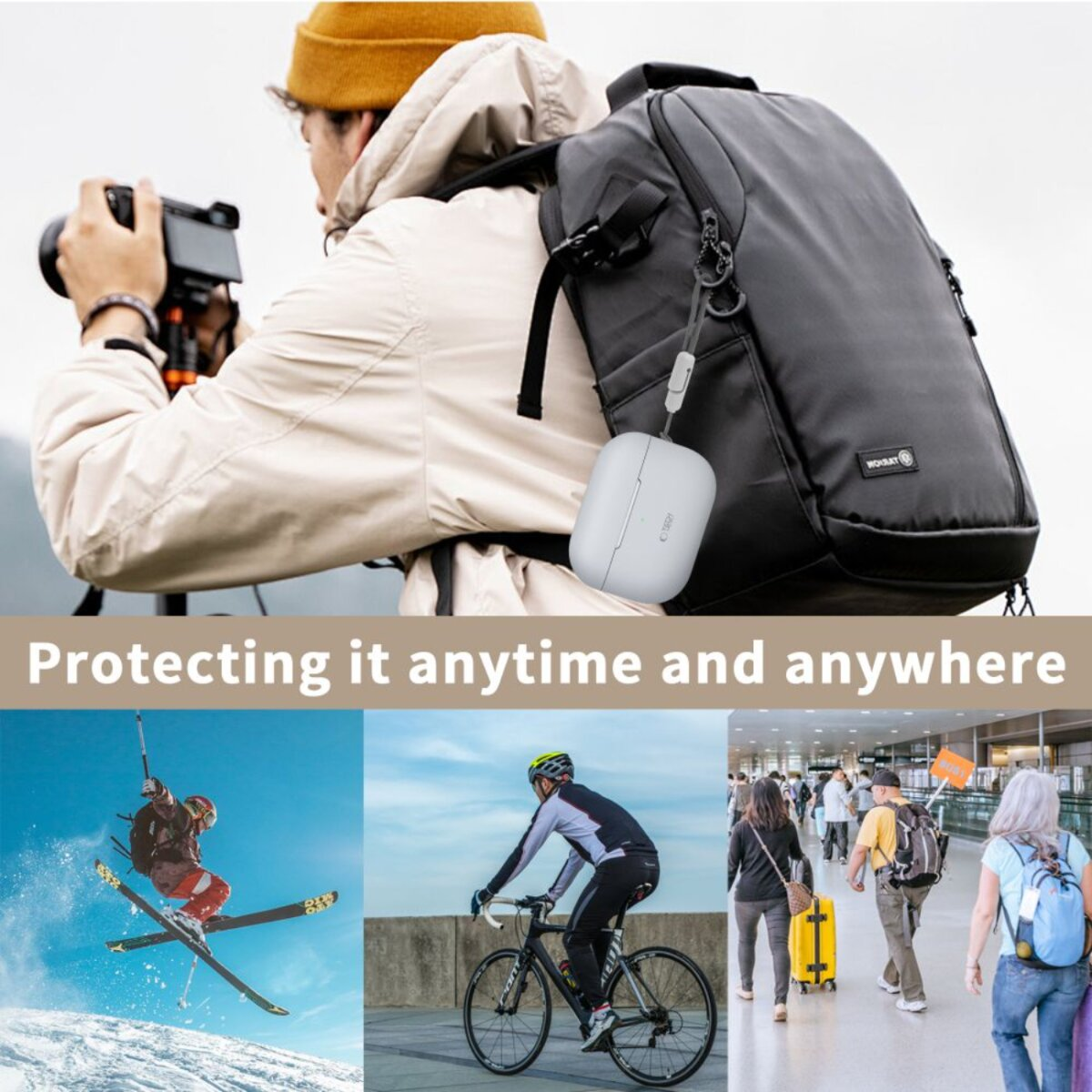 Man with backpack using camera. Below, skier, cyclist, and people with luggage at an airport illustrate protection anywhere.