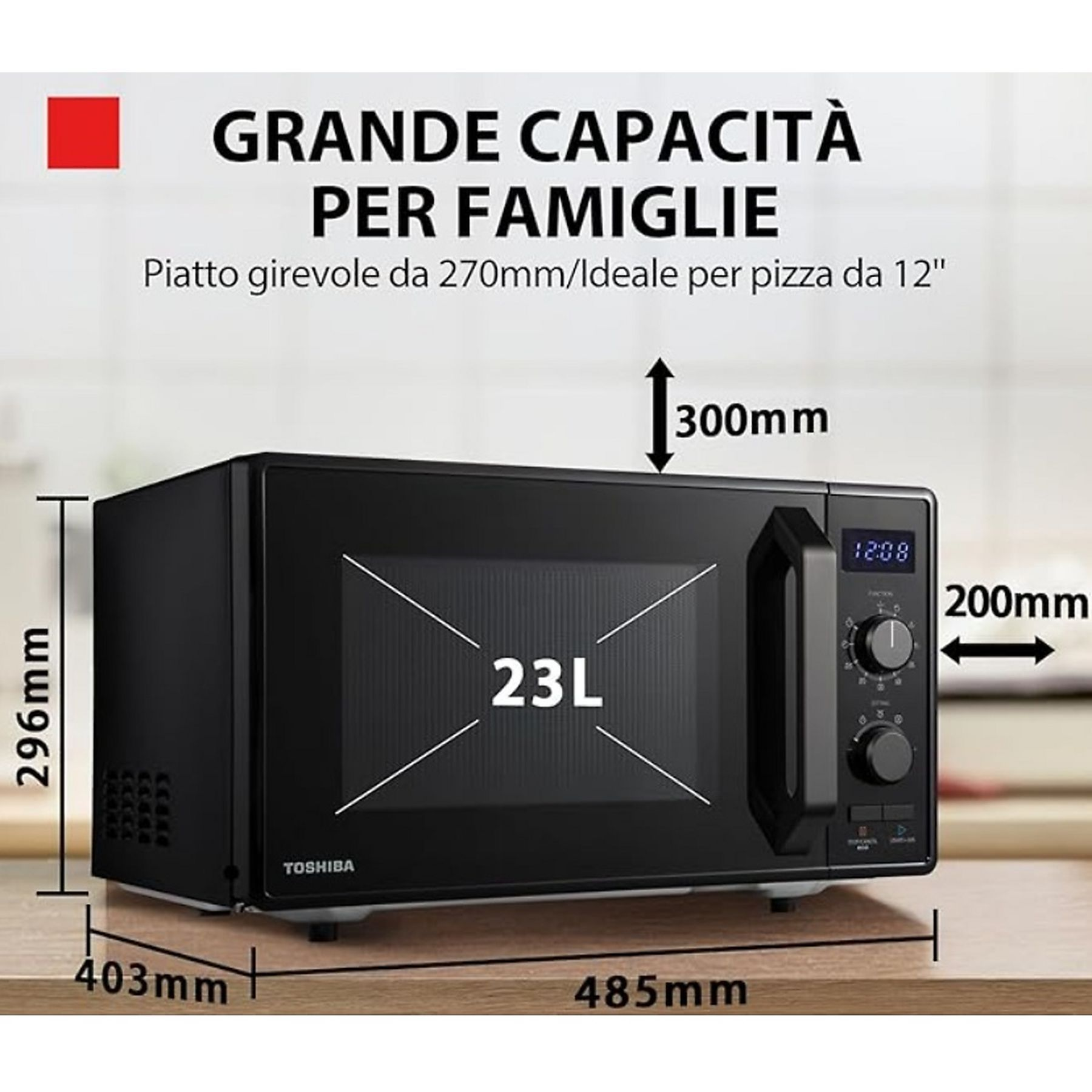 Un forno a microonde Toshiba nero. Le dimensioni sono visualizzate. Il testo dice 'Grande Capacita Per Famiglie' e '23L'.
