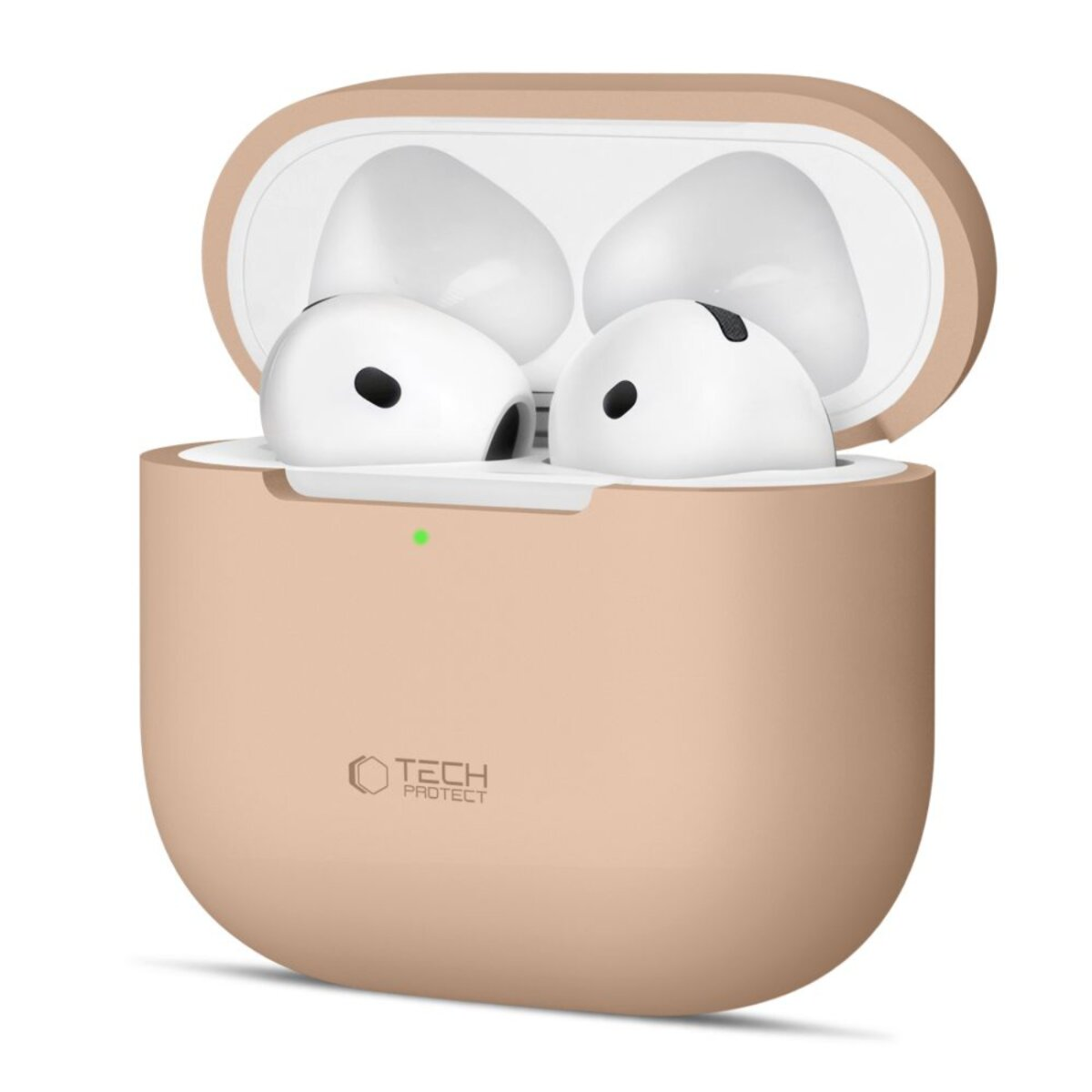 Geöffnete beige Hülle mit weißen Ohrhörern. Die Hülle hat ein Tech-Protect-Logo. Grünes Licht leuchtet.