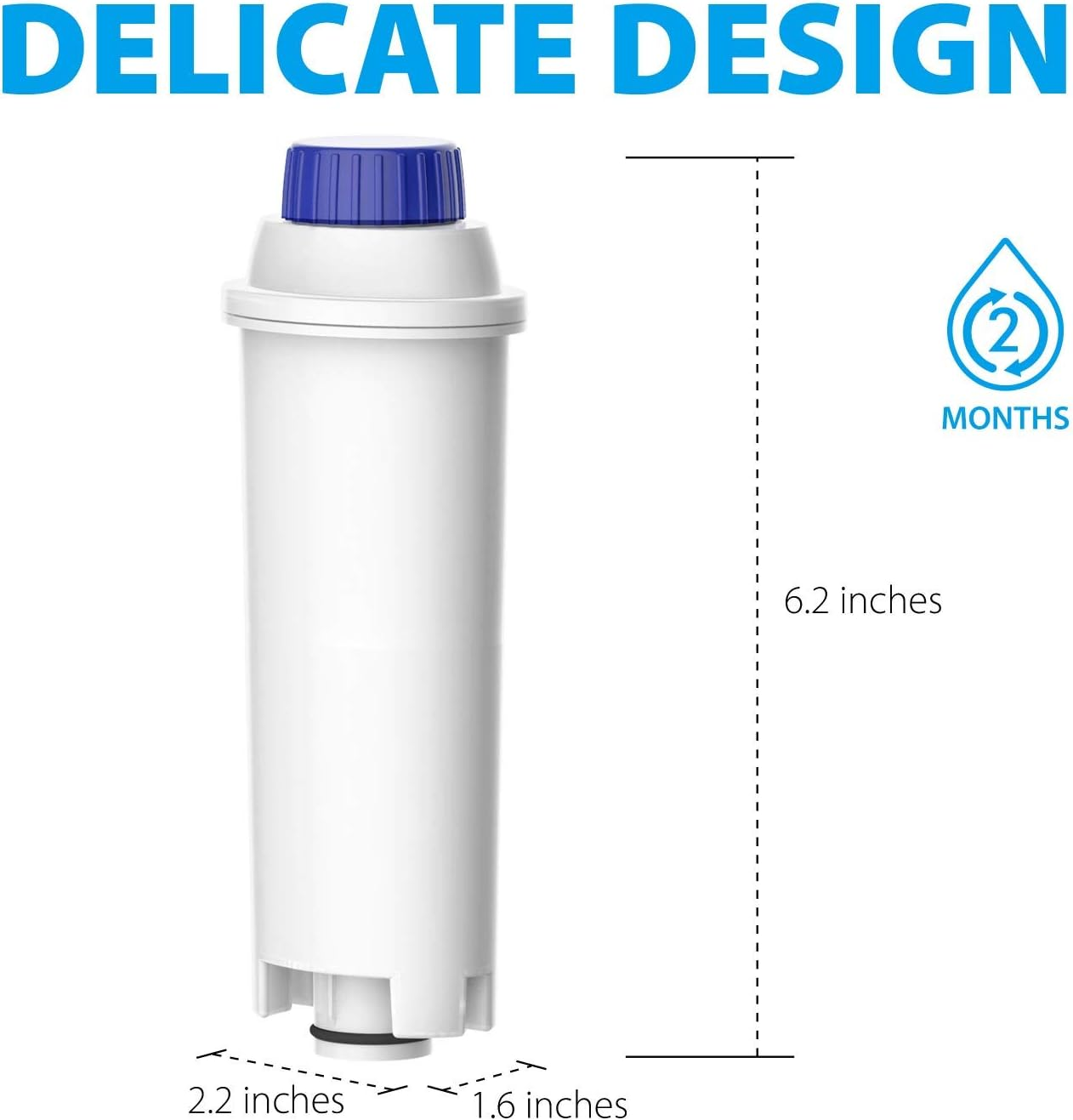 Weißer Wasserfilter mit blauem Deckel, 6,2 Zoll hoch. Text: Delicate Design. Symbol: 2 Monate. Abmessungen: 2,2 x 1,6 Zoll.