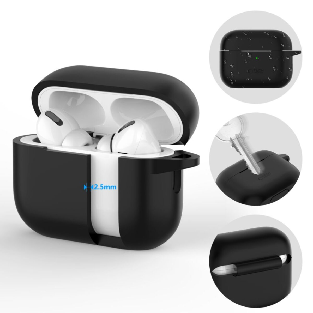 Black AirPods case with white interior and AirPods. Three detail shots of the case and its features.