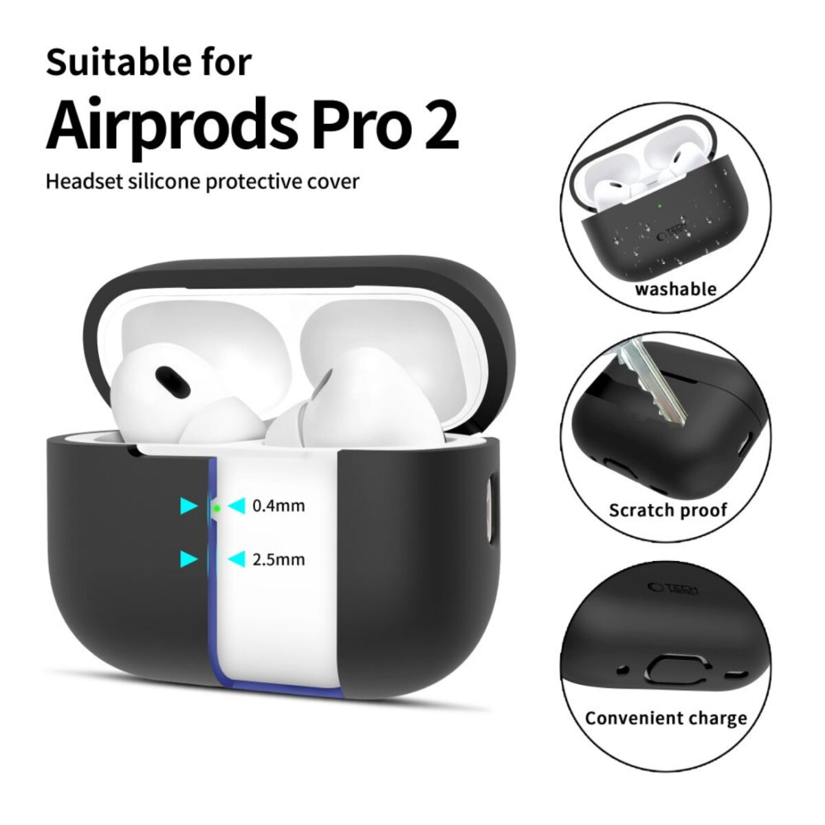 L'immagine mostra gli Airpods Pro 2 in una custodia in silicone nera. Le caratteristiche includono lavabile, antigraffio e ricarica conveniente.