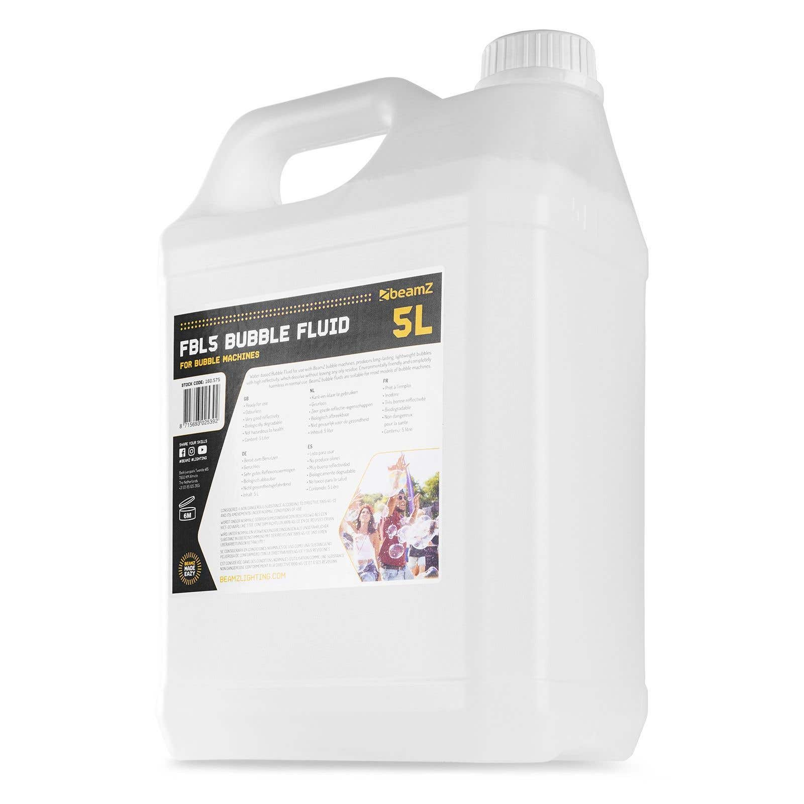 Un contenedor blanco de 5L de líquido de burbujas, etiquetado como FBLS Bubble Fluid. Texto y logo visibles.