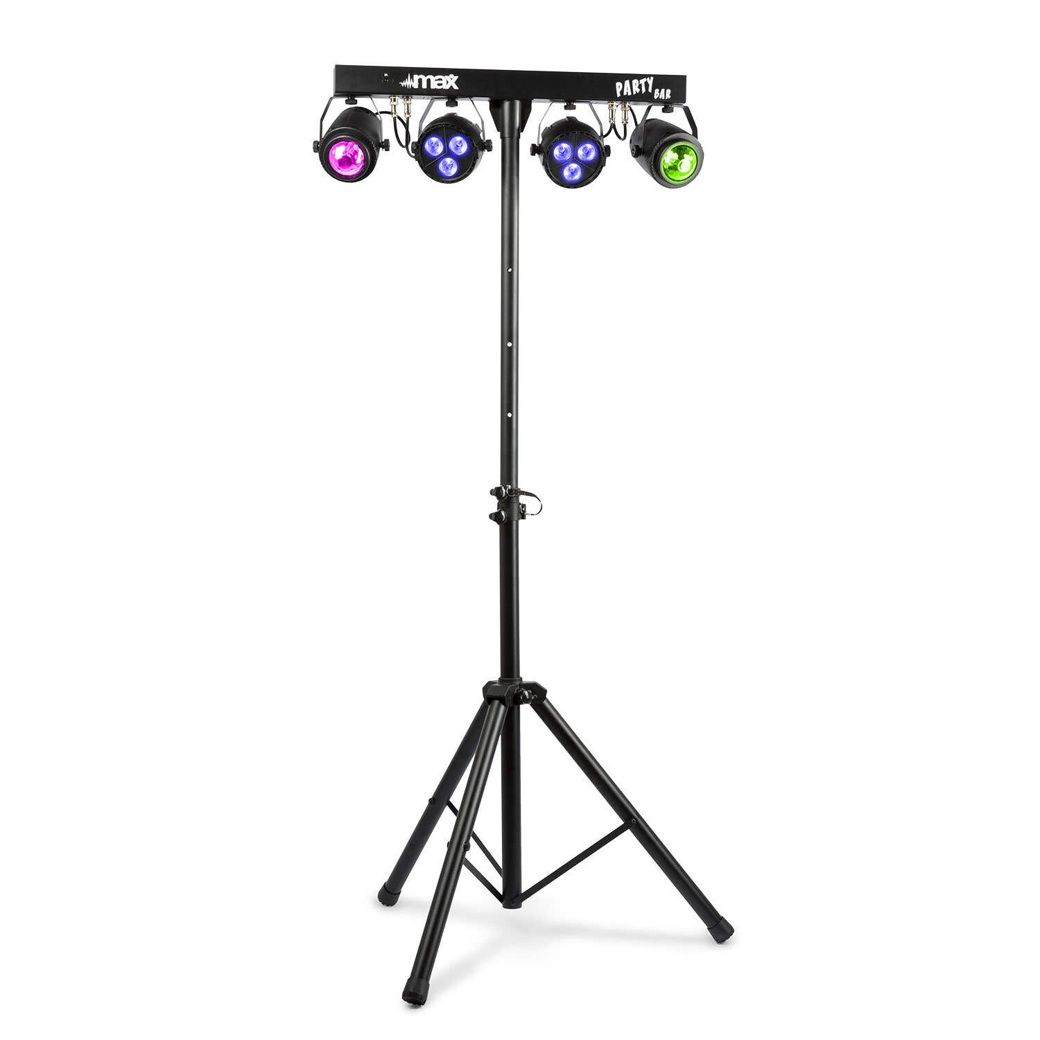 Un soporte de luz de barra de fiesta negro con cuatro focos. Los focos brillan en púrpura, azul y verde. El soporte está sobre un fondo blanco.
