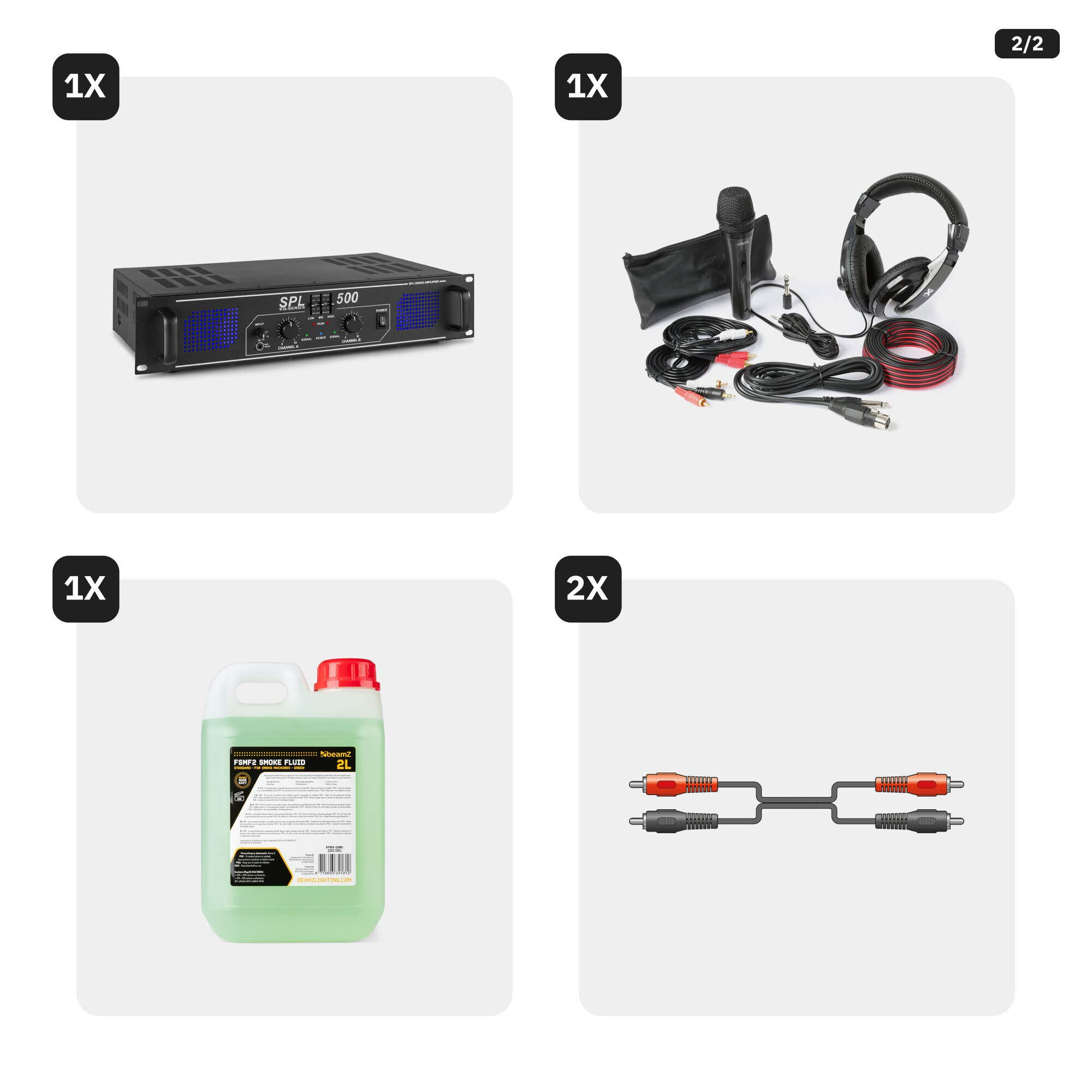 Un amplificador negro, un micrófono, auriculares, líquido de humo y cables de audio sobre fondo blanco.