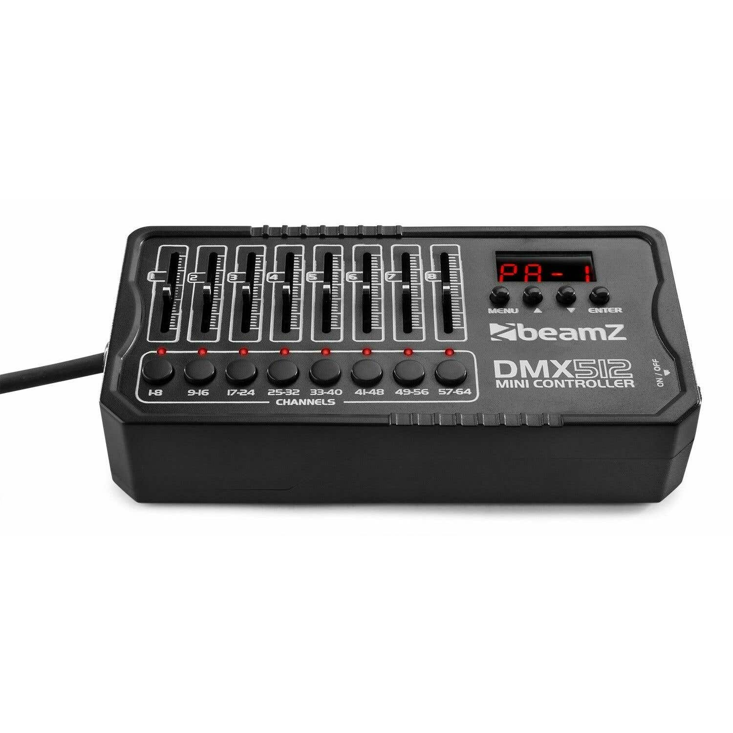 Controlador mini DMX512 negro con controles deslizantes y botones. Tiene una pantalla y la marca beamZ. Canales etiquetados 1-64.