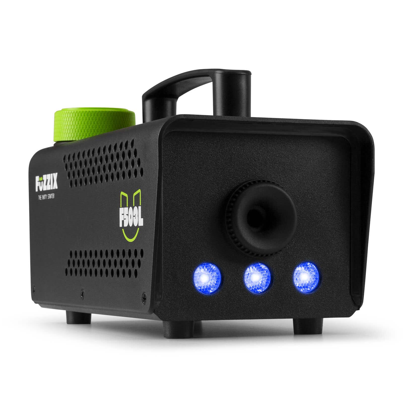 Una máquina de niebla negra con tapa verde, tres luces azules y la marca Fuzzix.