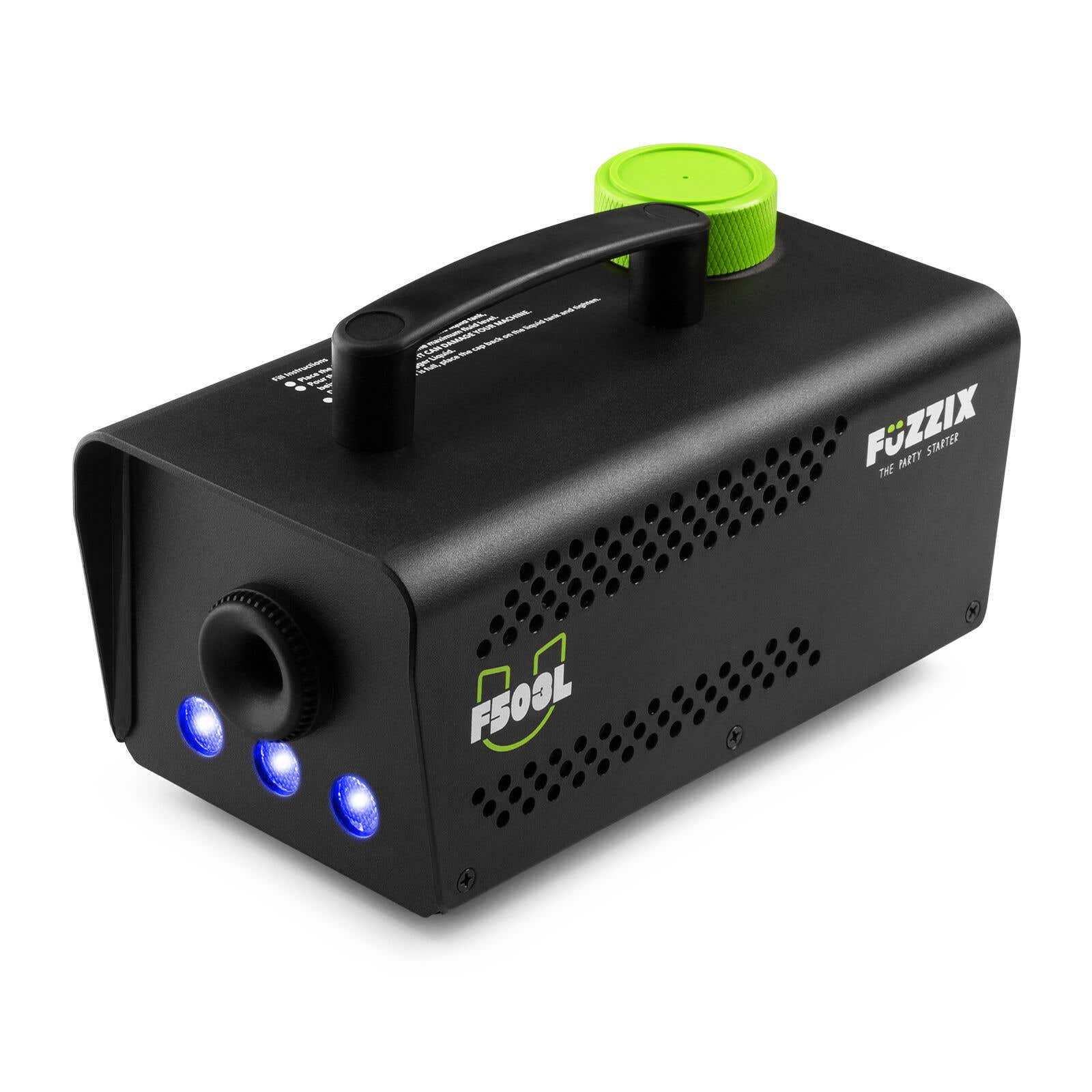Máquina negra Fuzzix para fiestas con asa y tapa verde. Tiene tres luces azules y el texto F503L.
