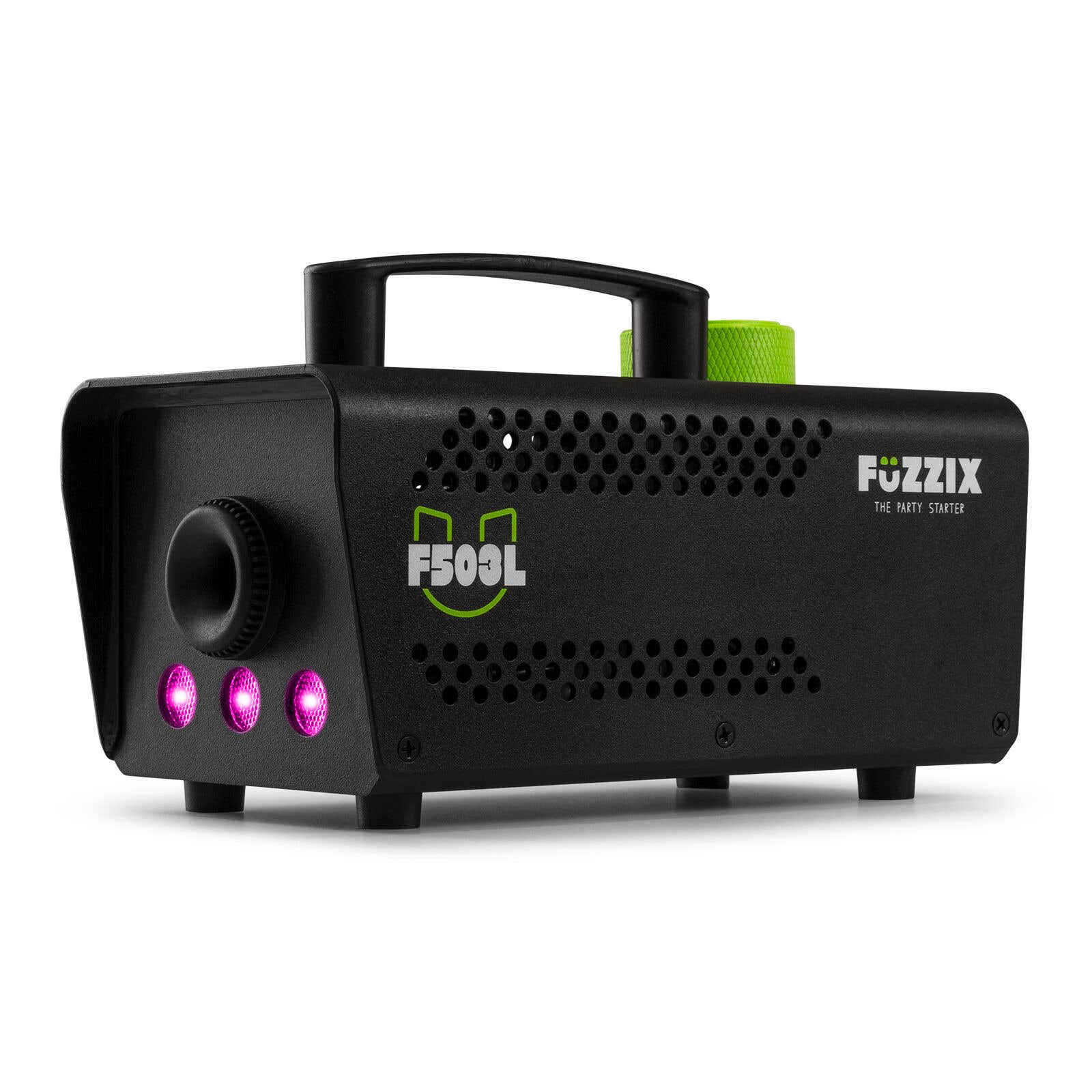 Máquina de niebla para fiestas Fuzzix negra con detalles verdes y luces rosas. Tiene asa y el modelo F500L.